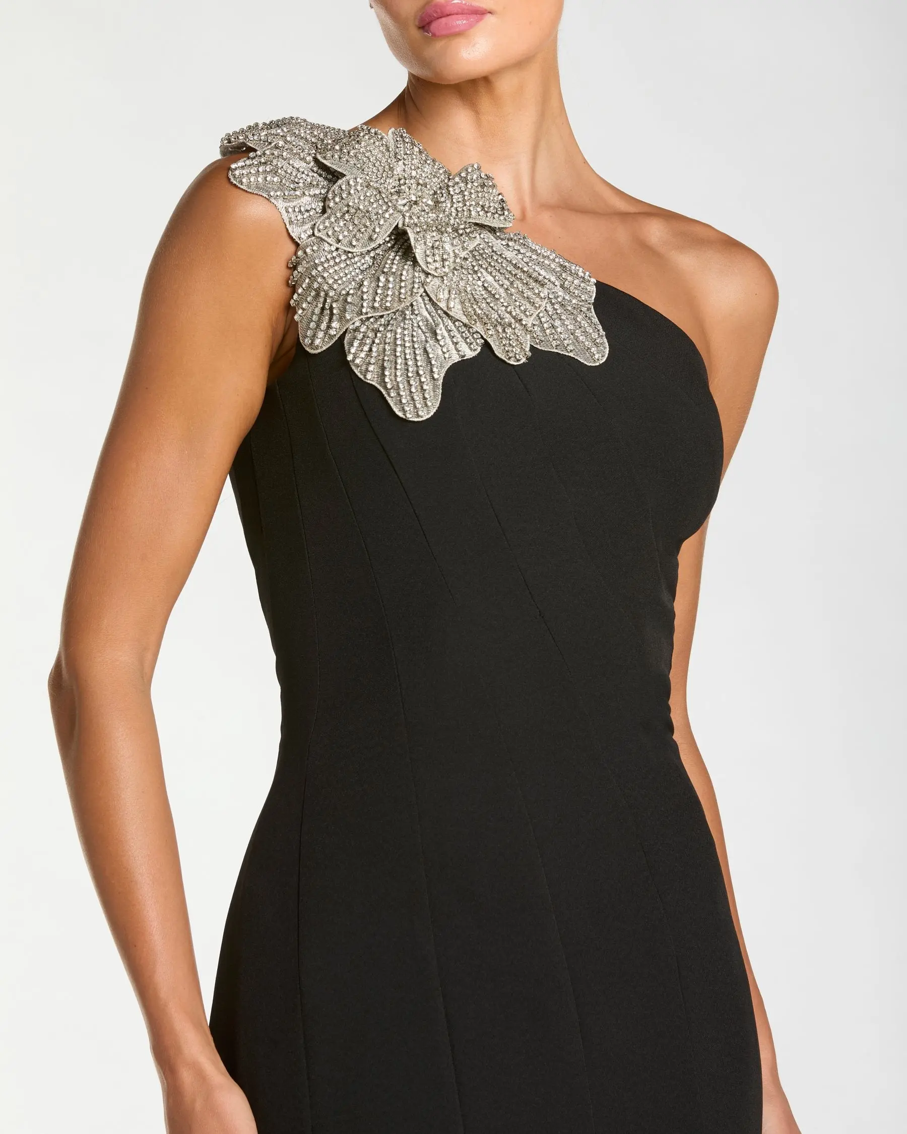 Black Crepe One Shoulder Midi Dress With Flower - Special Events Unlimited