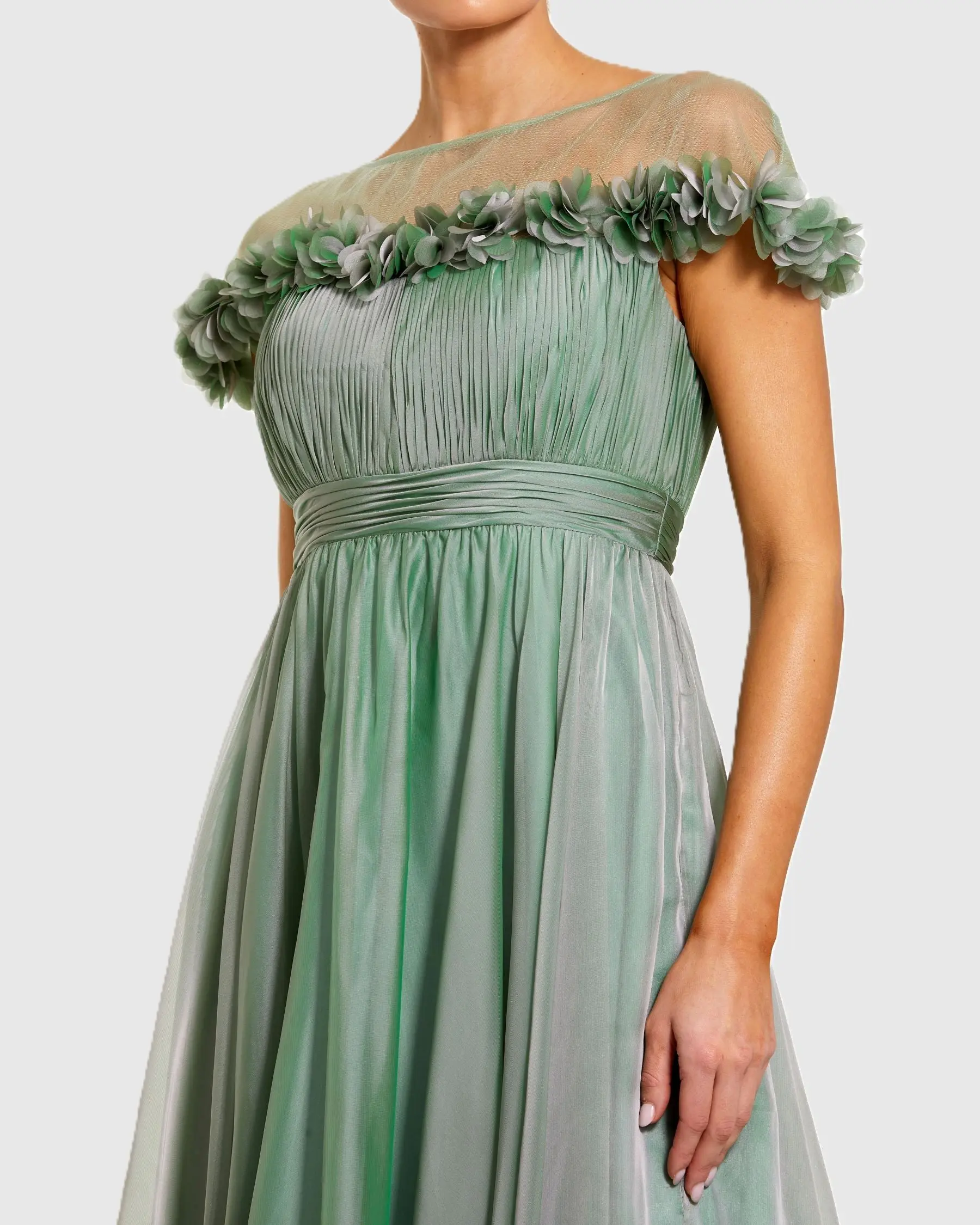 Green Chiffon Illusion Neck Midi Dress With 3D Flowers - Special Events Unlimited
