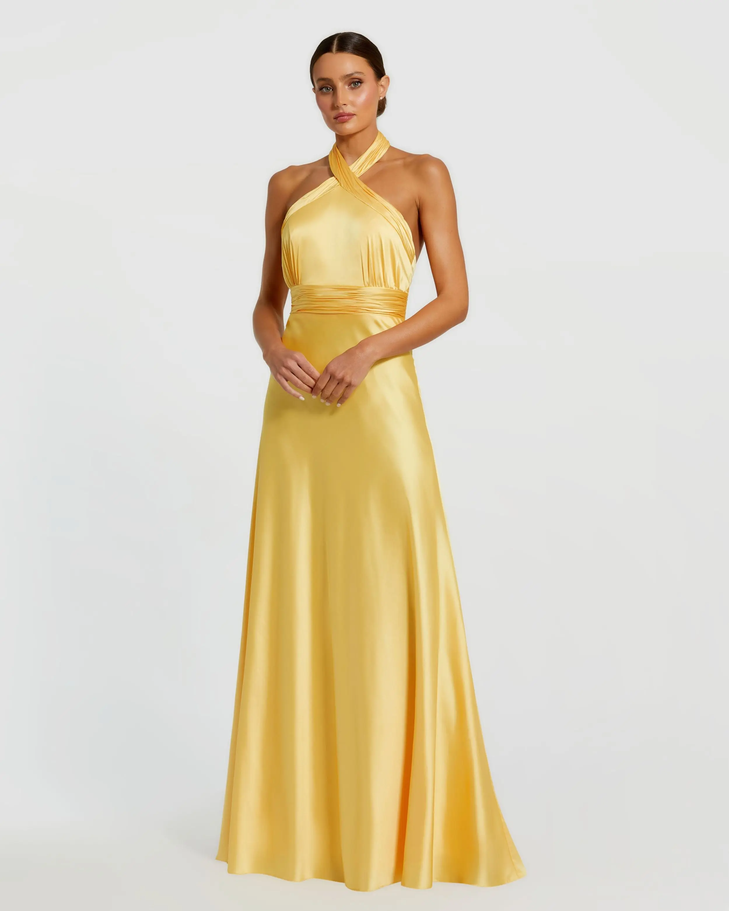 Yellow Ruched Halter Neck Tie Back Satin Gown - Special Events Unlimited