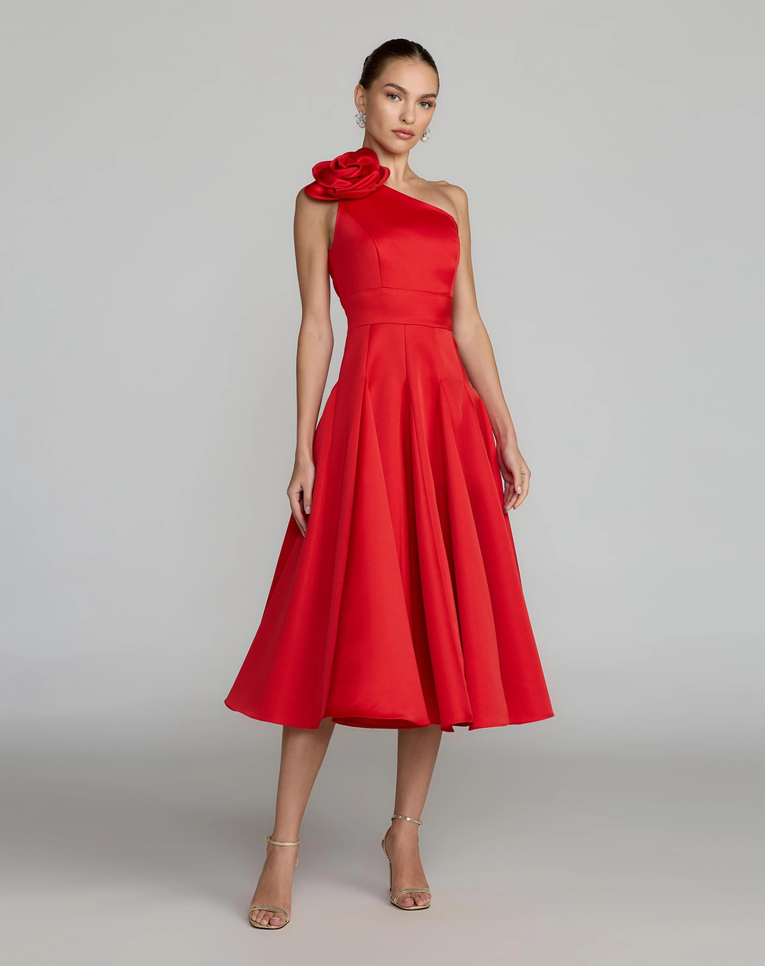Red One Shoulder Satin Midi Dress With 3D Flower - Special Events Unlimited