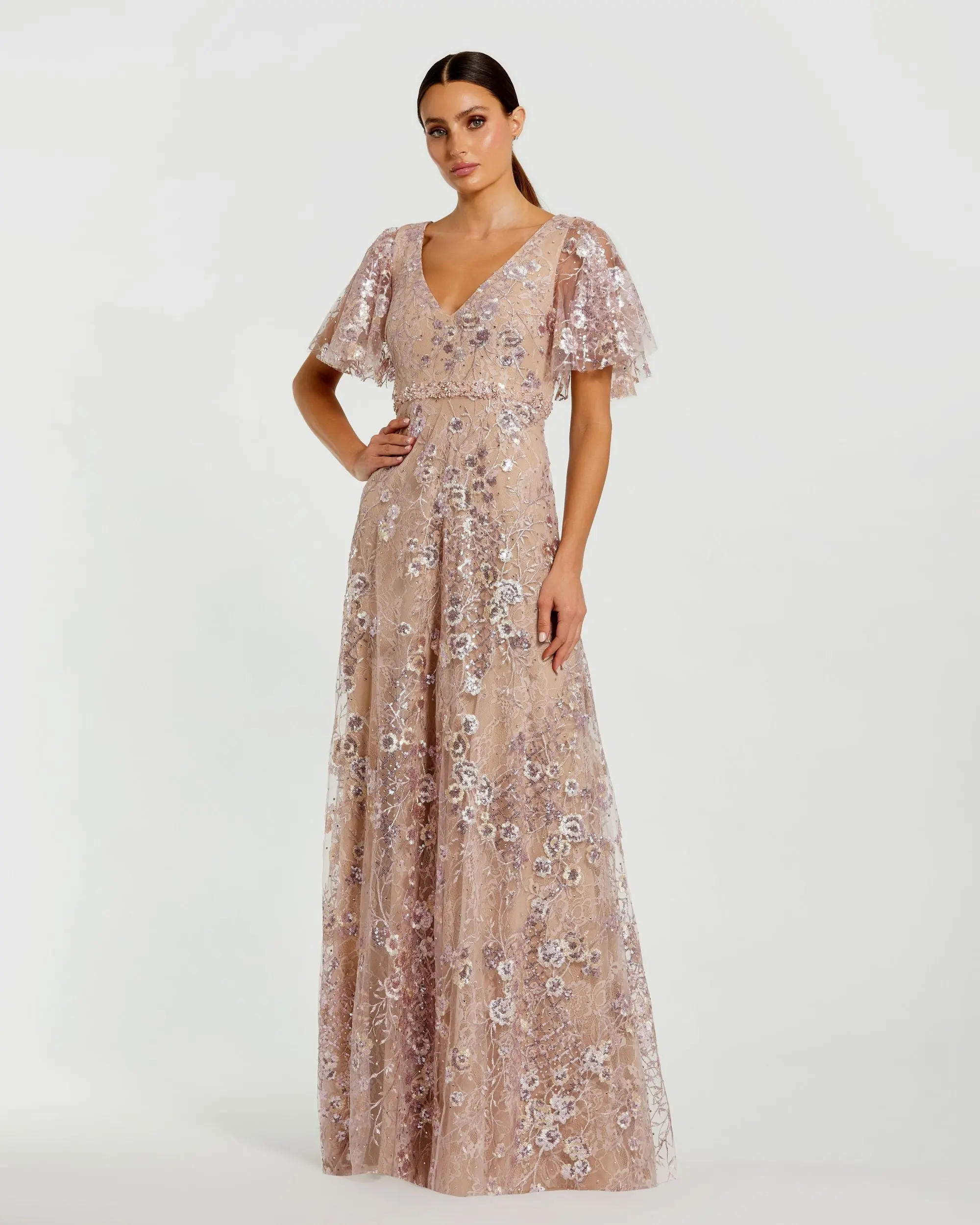 Pink Lace Embellished Flutter Sleeve A-Line Gown - Special Events Unlimited