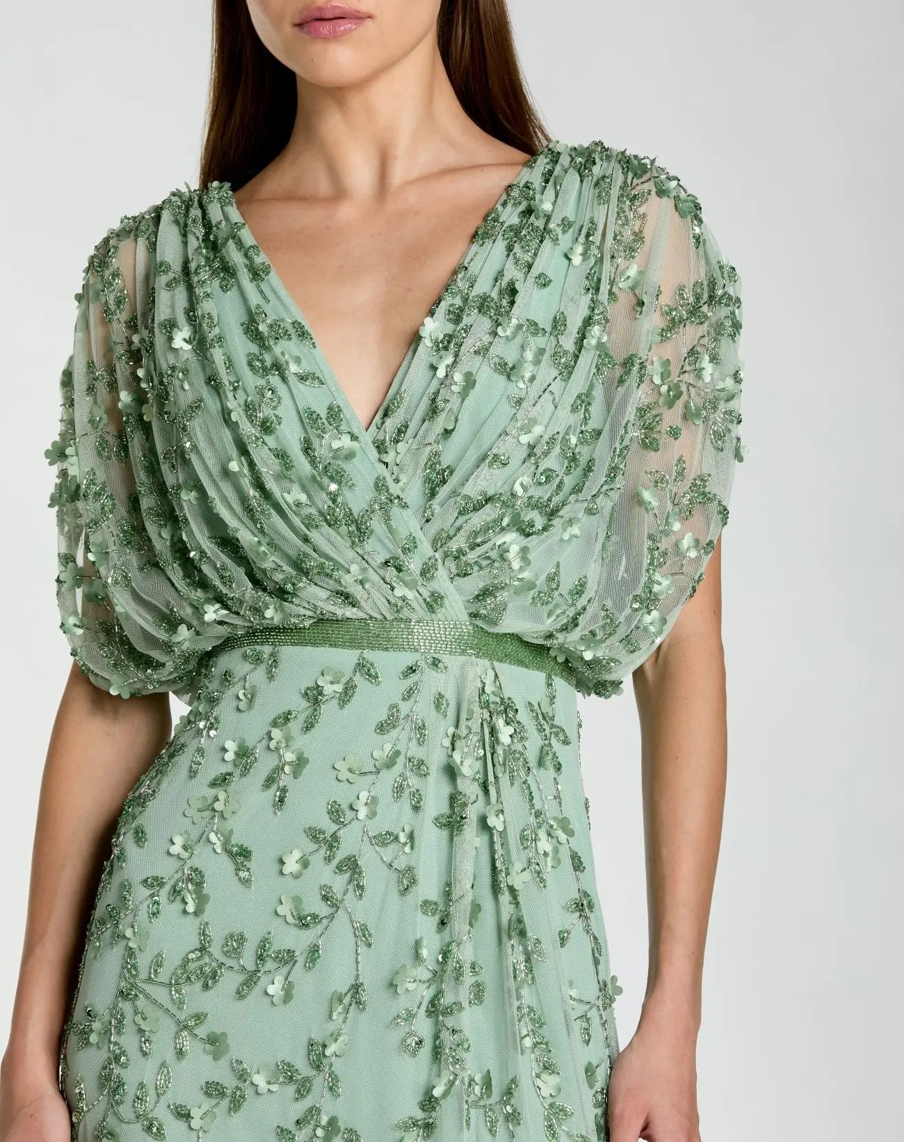 Green Beaded V-Neck Short Sleeve Blouson Gown - Special Events Unlimited