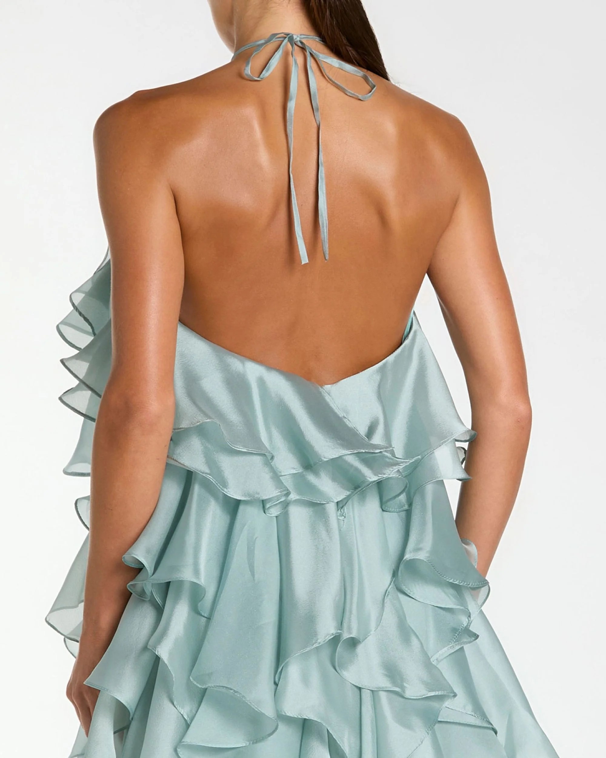 Blue Halter Neck Open Back Trapeze Ruffle Gown - Special Events Unlimited