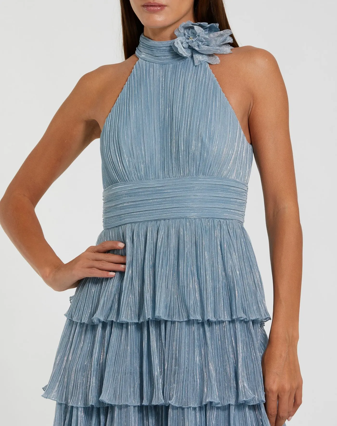 Blue Metallic Halter Neck Ruffle Gown With 3D Flower - Special Events Unlimited
