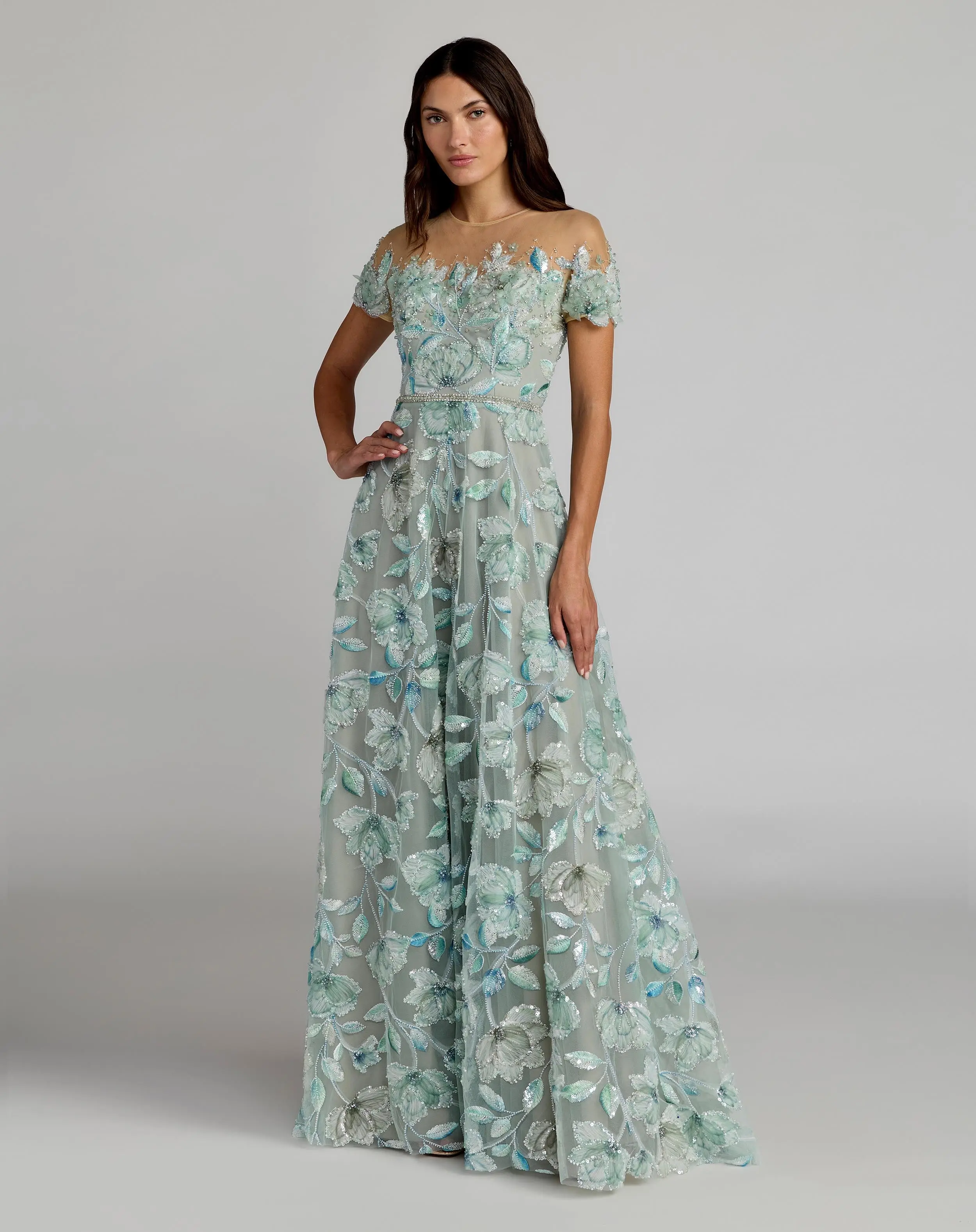 Green High Neck Cap Sleeve Embellished A-Line Gown - Special Events Unlimited