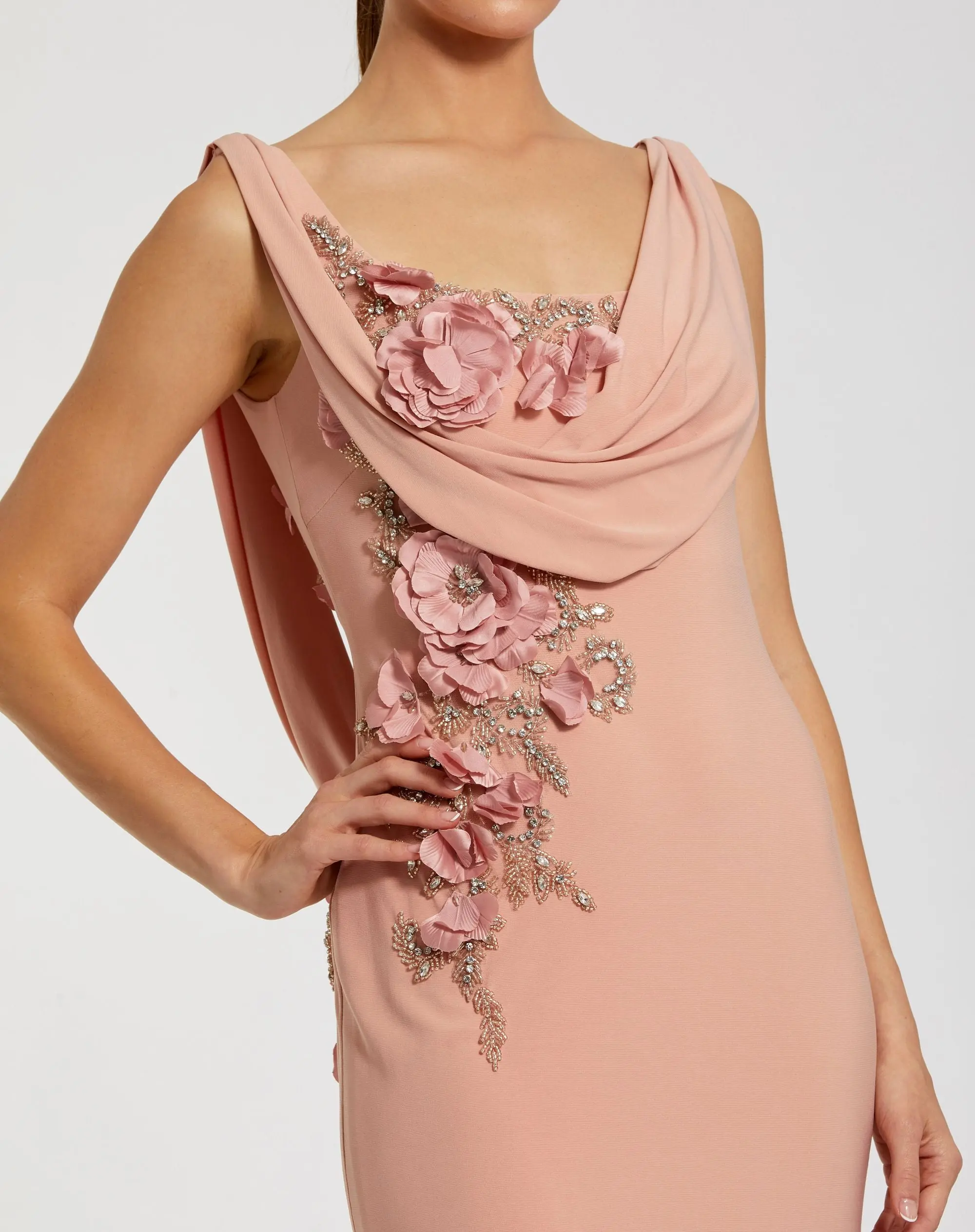 Pink Sleeveless Jersey Cowl Neck Gown With Beading - Special Events Unlimited