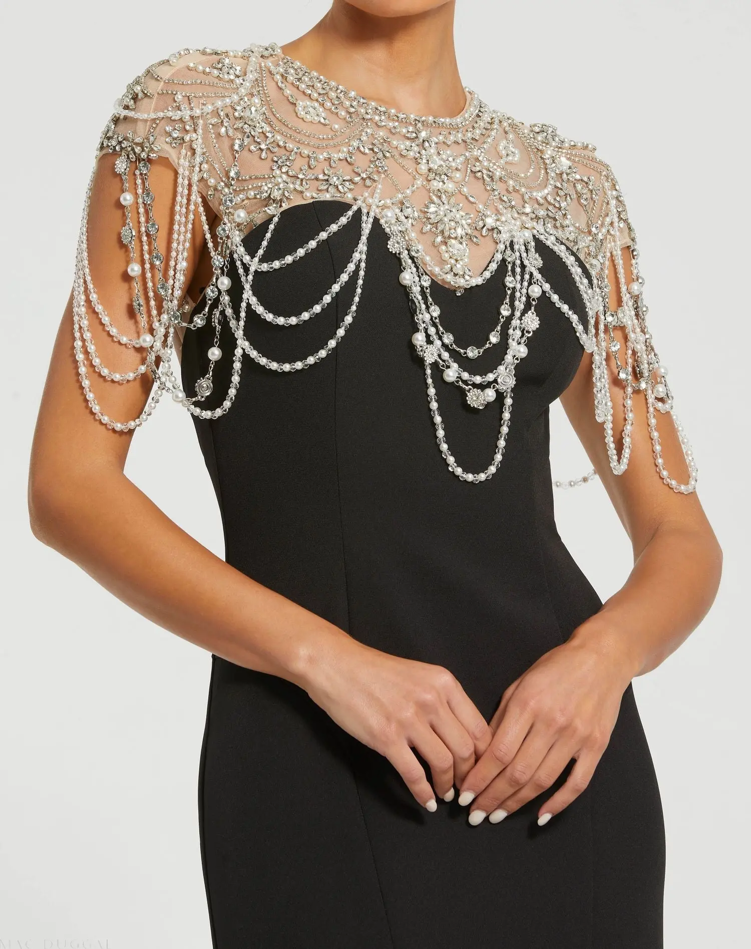 Black Draped Pearl Beaded Mermaid Gown - Special Events Unlimited