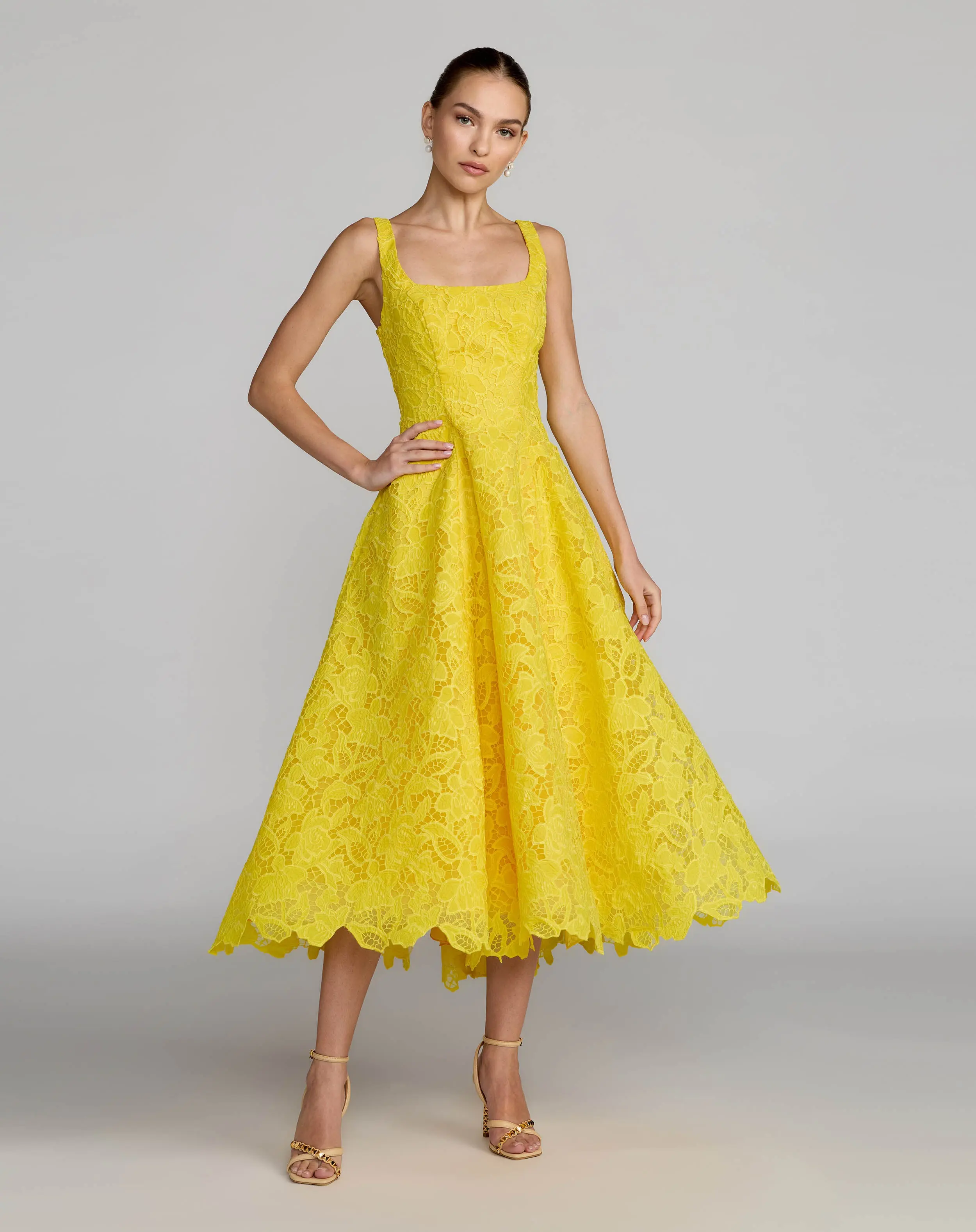 Yellow Lace Square Neck A-Line Midi Dress - Special Events Unlimited