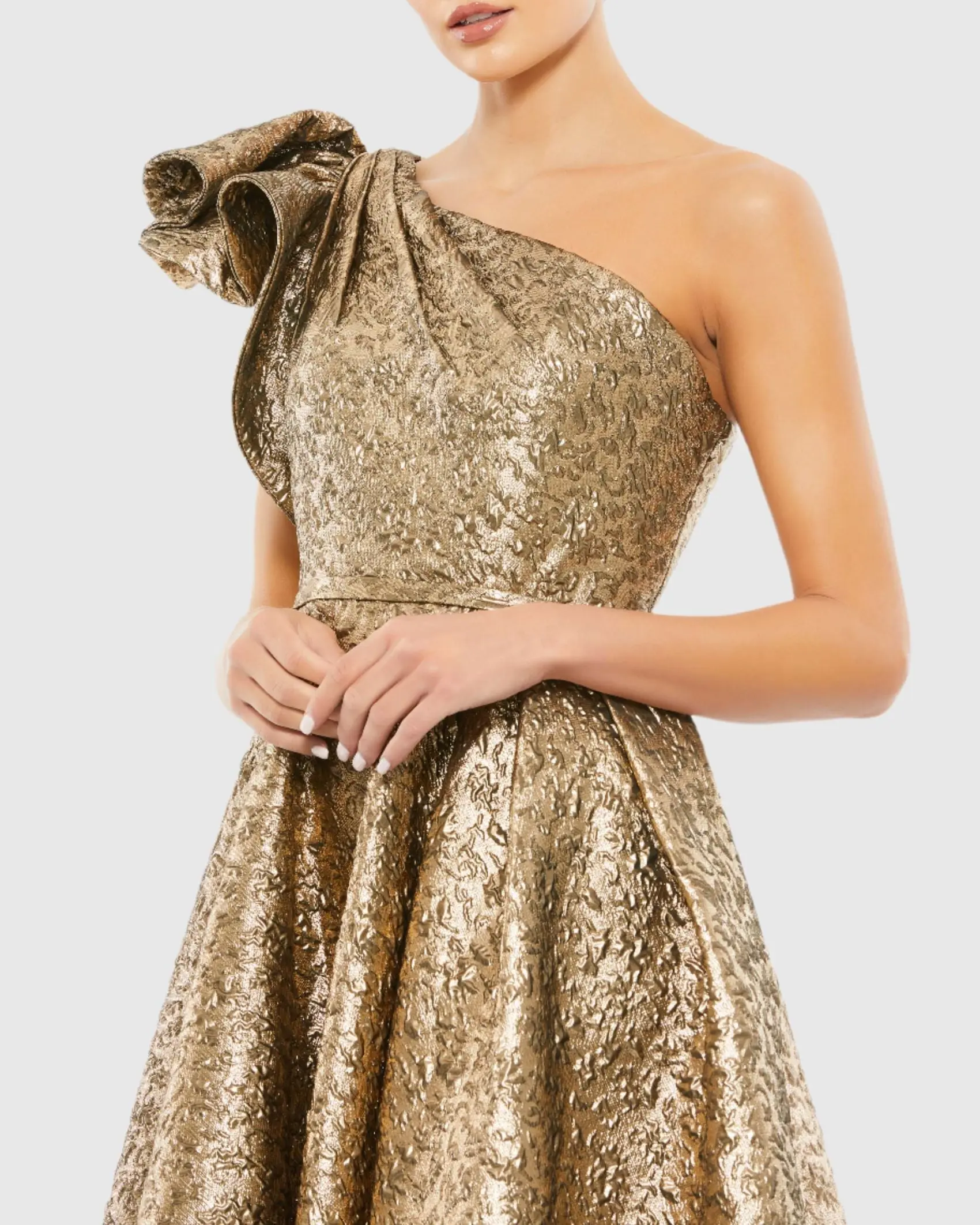 Gold One Shoulder Bow Midi Dress With Pockets - Special Events Unlimited