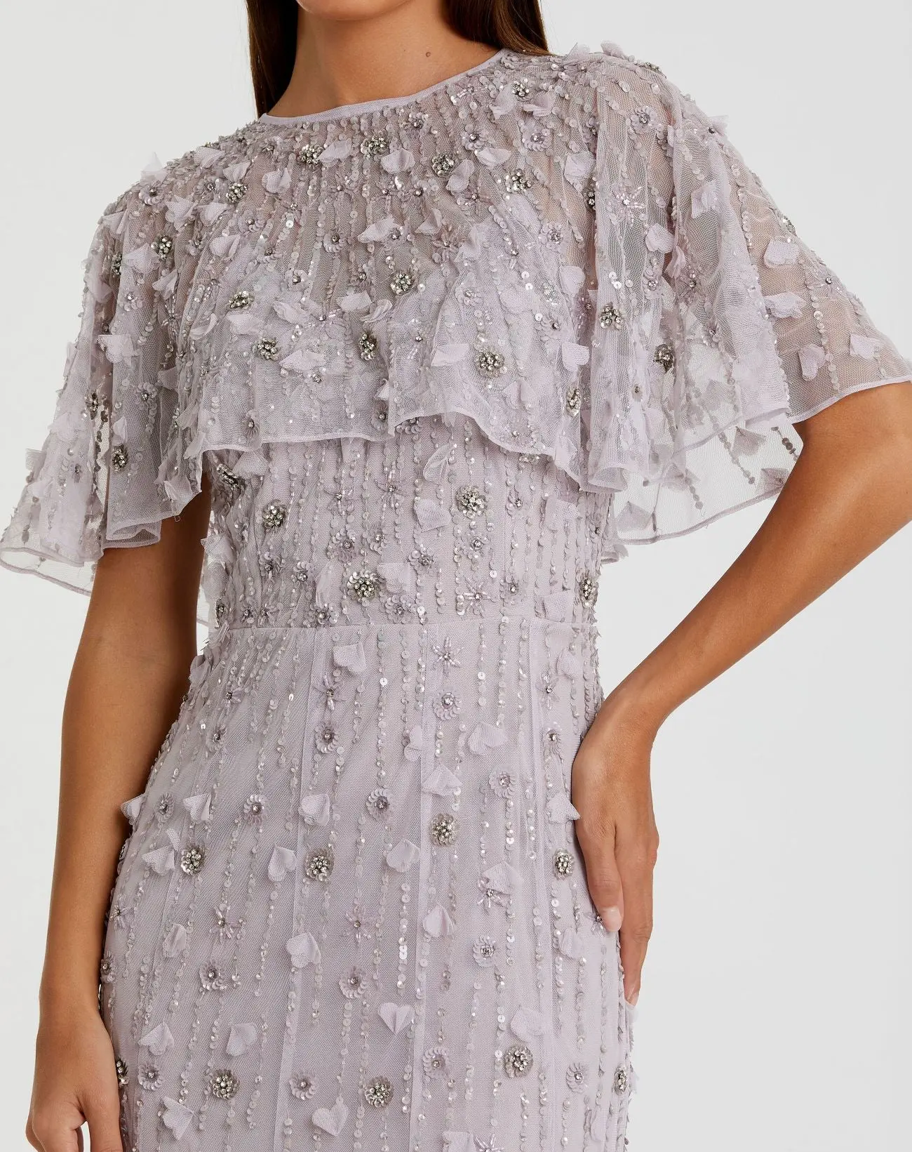 Purple Embellished Illusion Cape Sleeve Trumpet Gown - Special Events Unlimited
