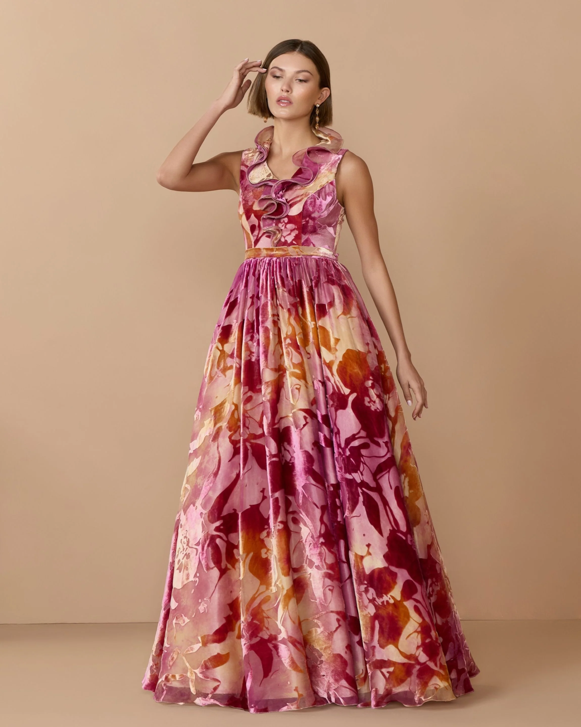 Multicolor Sleeveless Velvet Ruffle Ball Gown - Special Events Unlimited