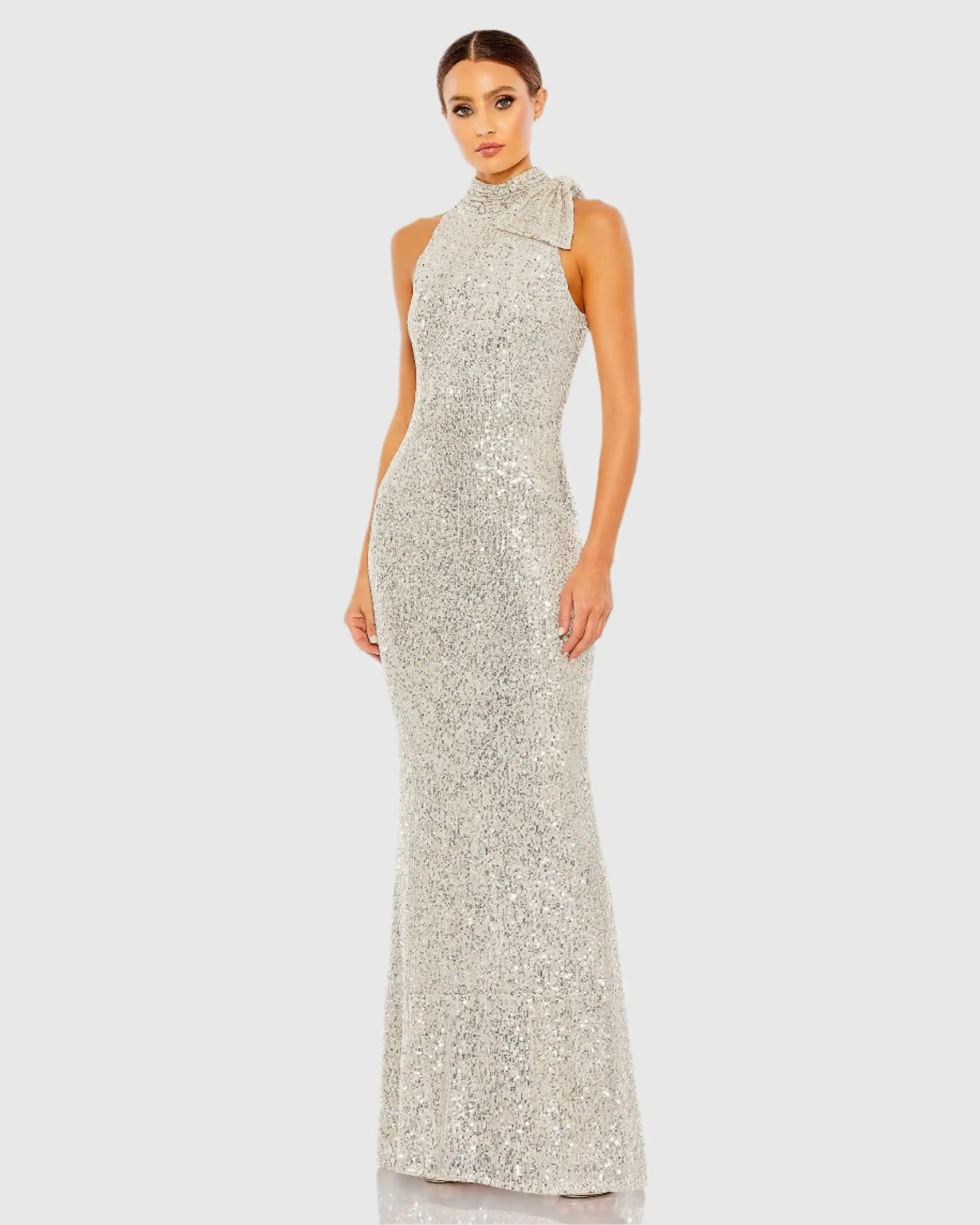 Silver Soft Tie Halter Neck Sequin Gown - Special Events Unlimited