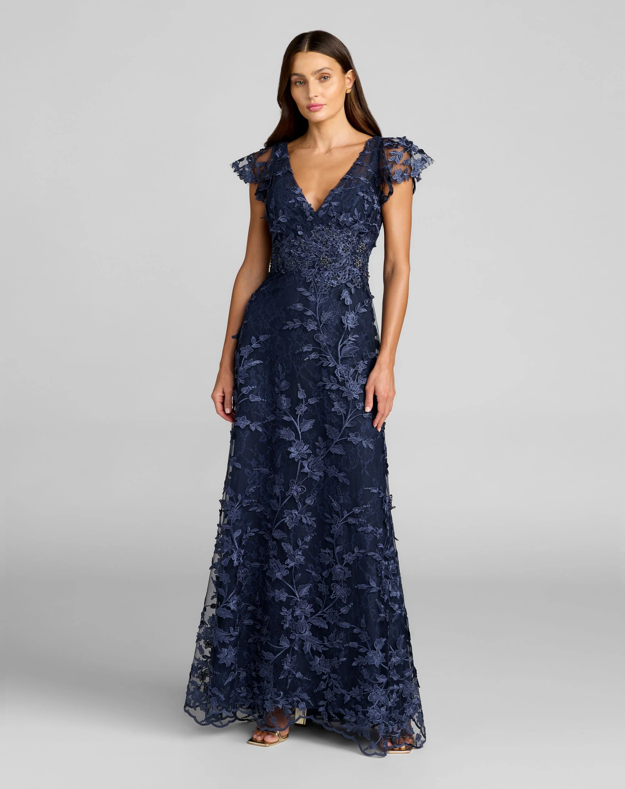 Navy Embroidered Applique Wrap Over Flutter Sleeve Gown - Special Events Unlimited