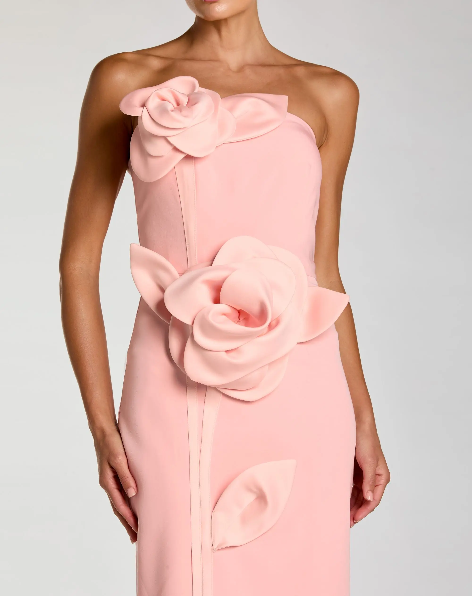 Pink Strapless Crepe Dress With 3D Satin Flowers - Special Events Unlimited