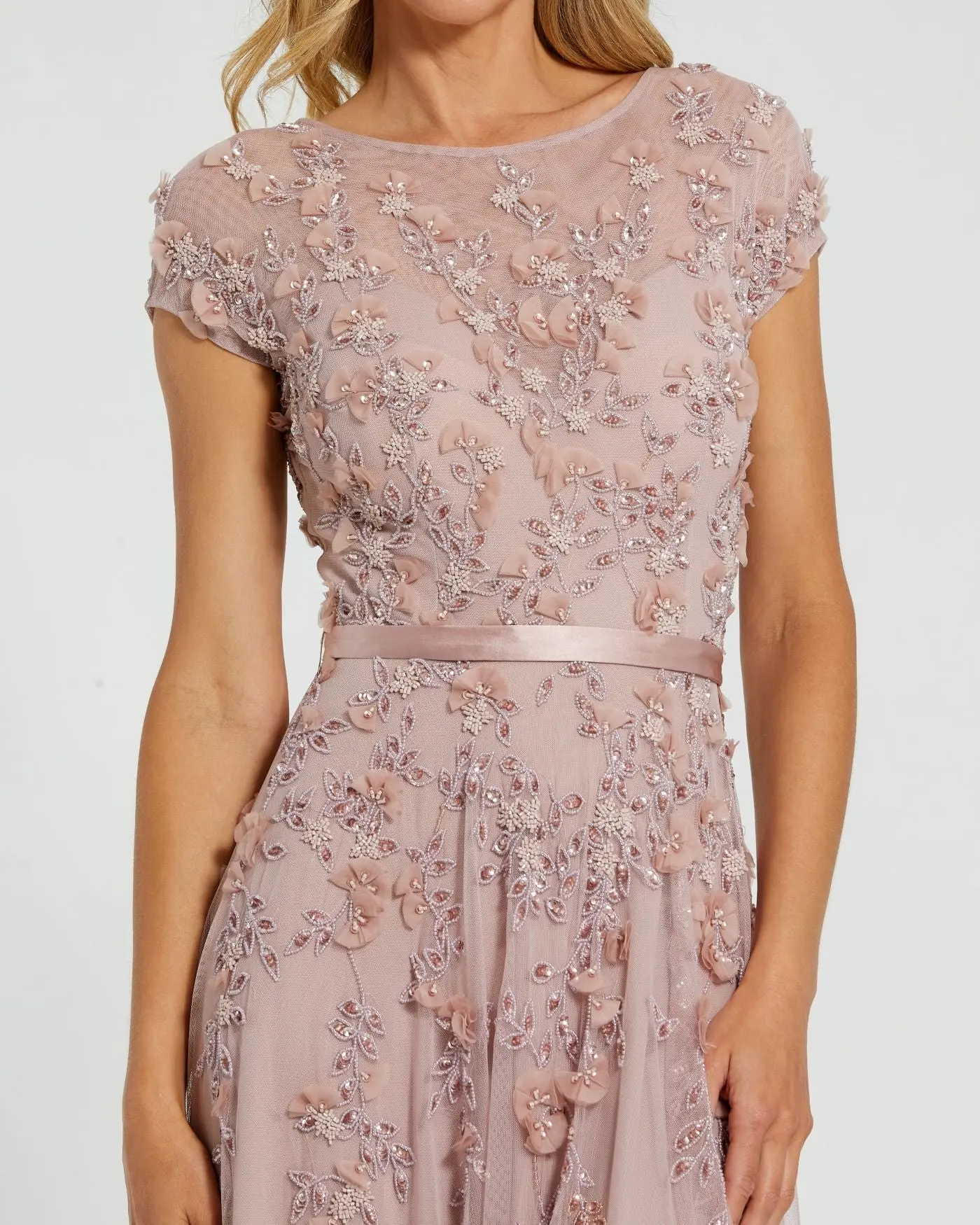 Pink Floral Embellished Cap Sleeve Gown - Special Events Unlimited