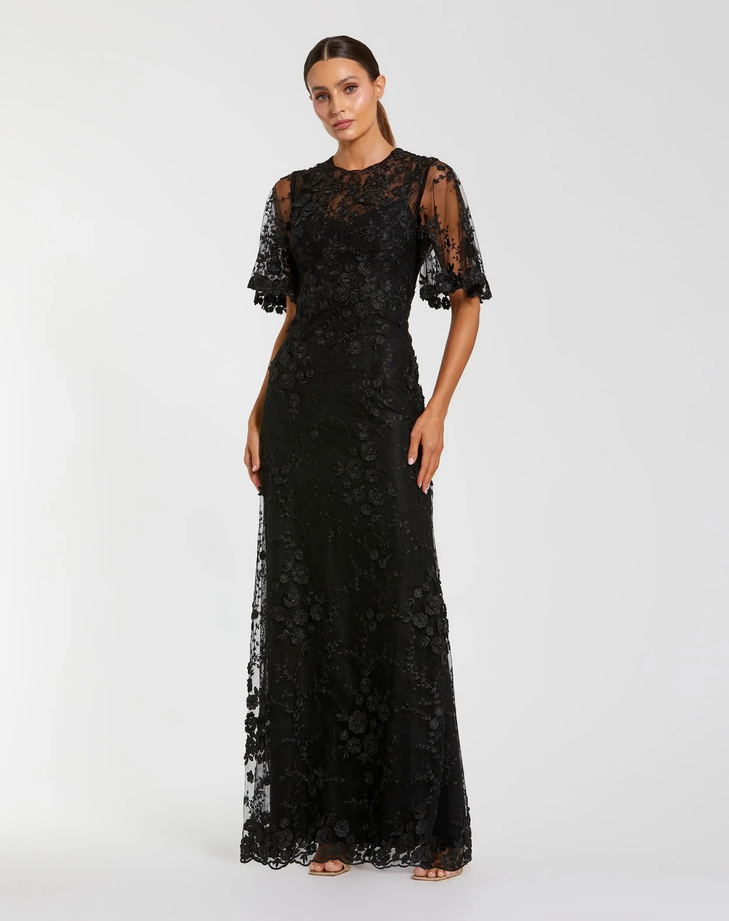 Black Flutter Sleeve Floral Embroidered Net Gown - Special Events Unlimited