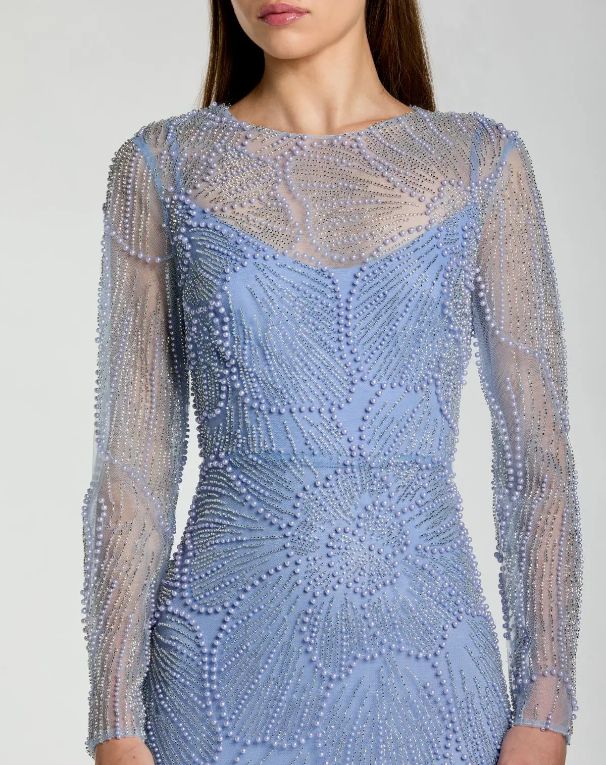 Blue Beaded High Neck Long Sleeve A Line Gown - Special Events Unlimited