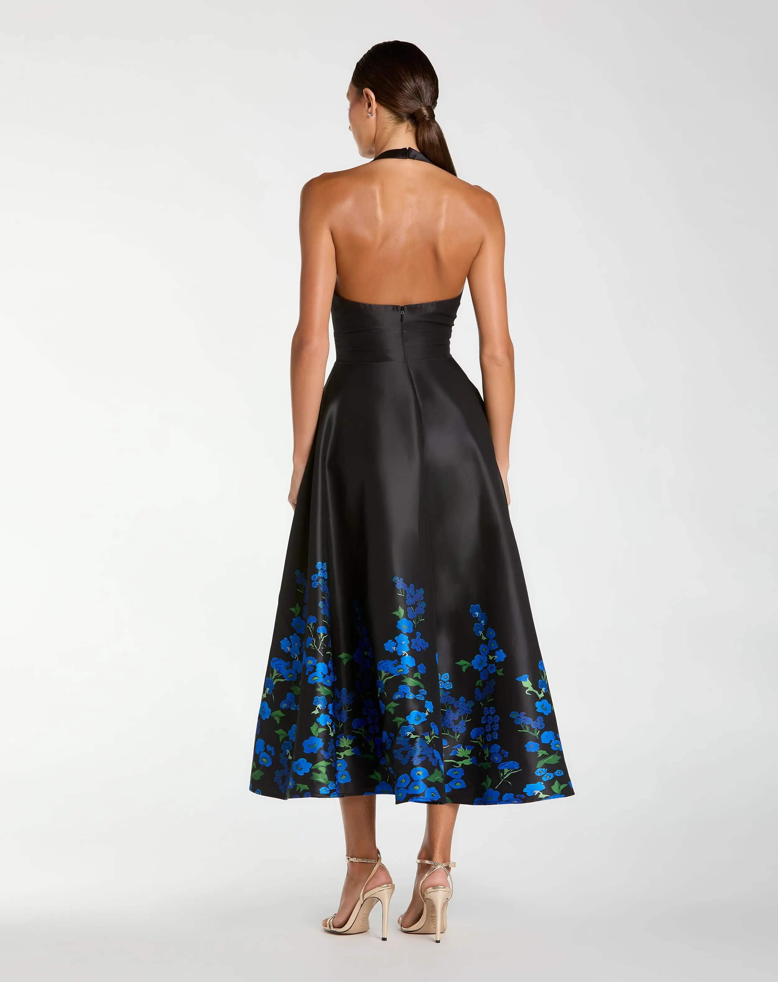 Black Halter Neck Floral Printed Satin Midi Dress - Special Events Unlimited