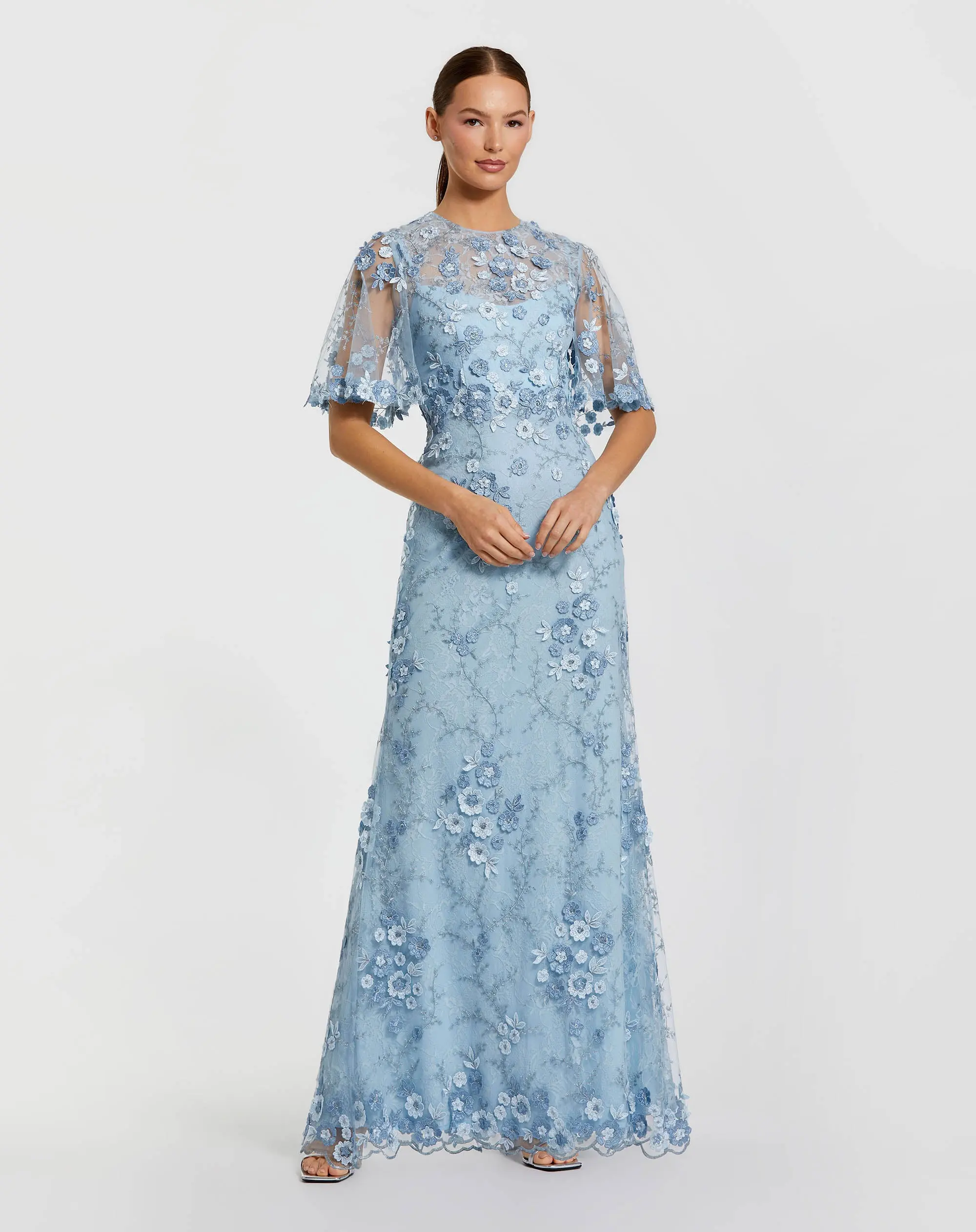 Petite Blue Flutter Sleeve Floral Embroidered Net Gown - Special Events Unlimited