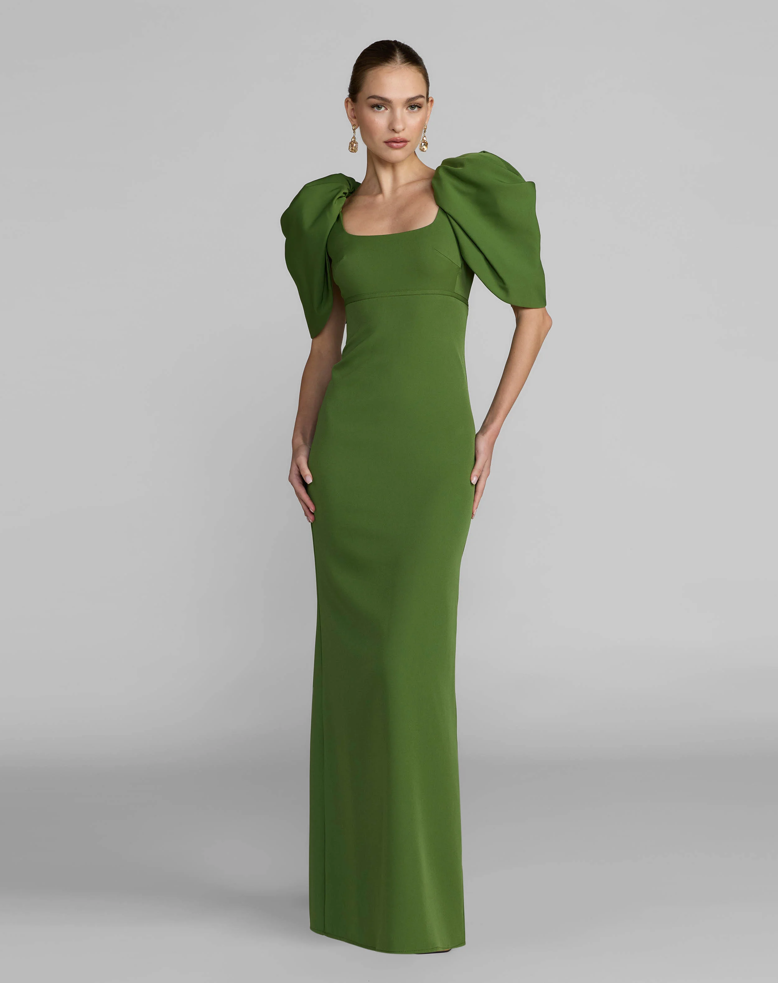 Green Crepe Square Neck Gown With Puff Sleeves - Special Events Unlimited