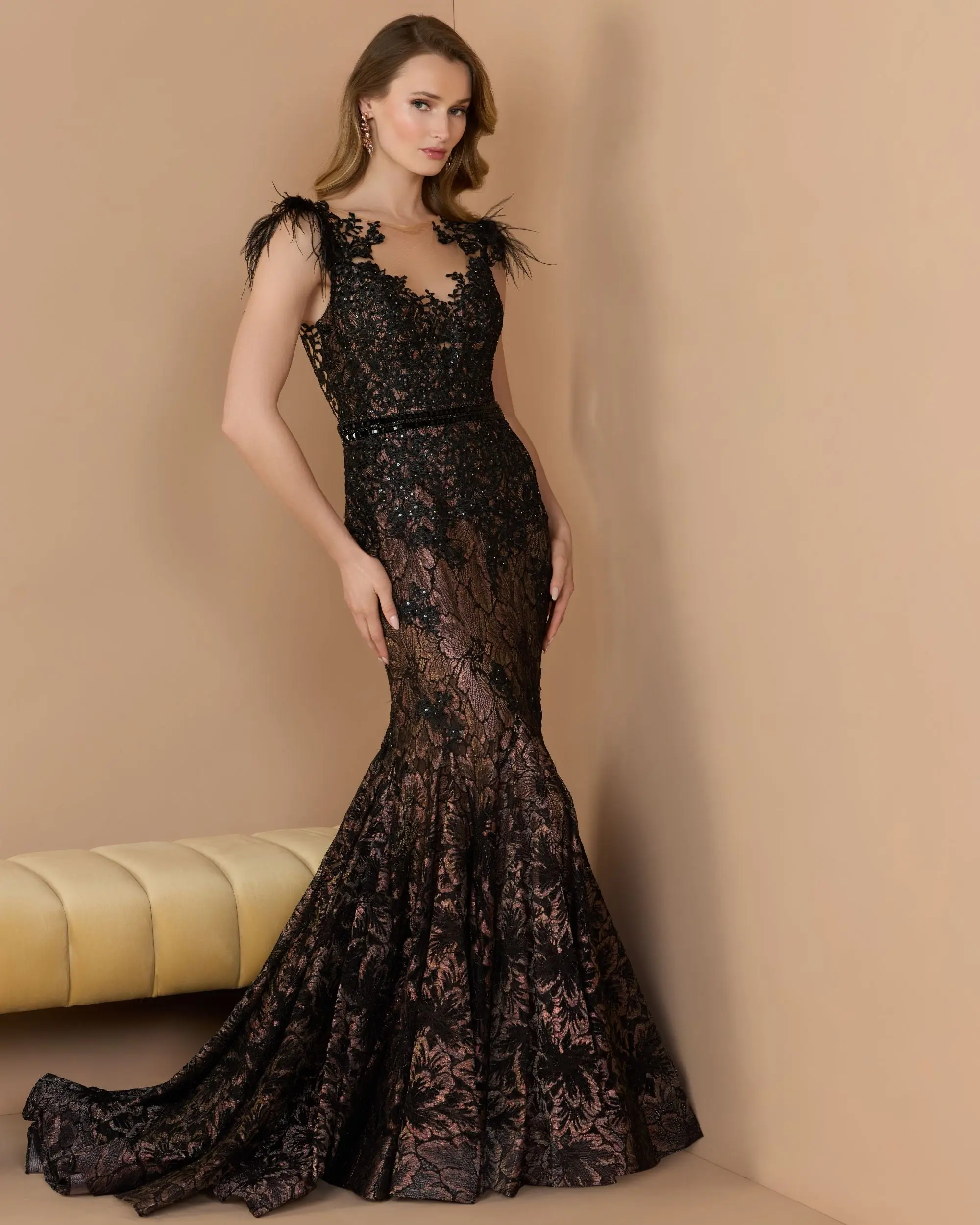 Black Embellished Lace High Neck Gown With Feather Sleeves - Special Events Unlimited