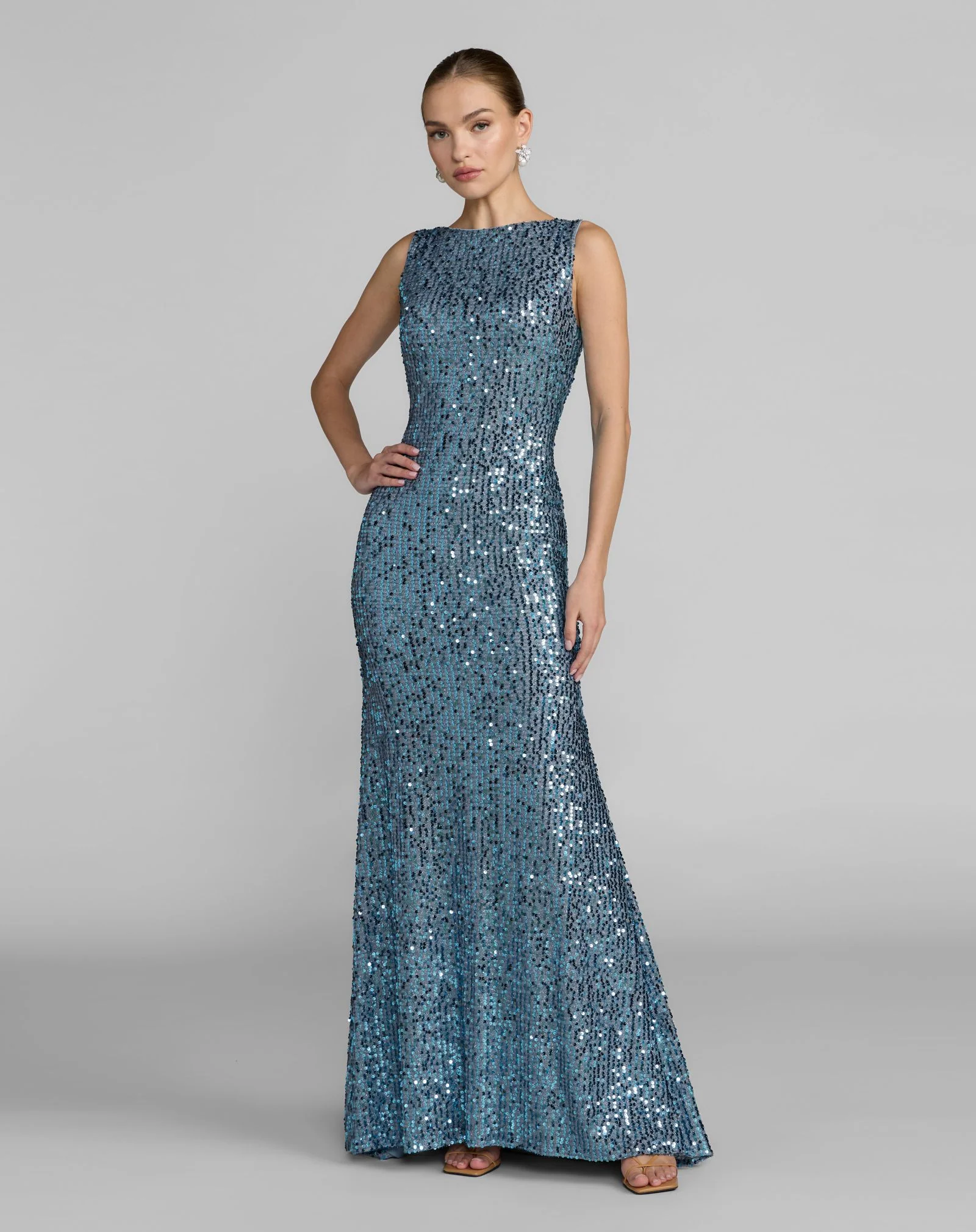 Blue Cowl Back Boat Neck Sequined Evening Gown - Special Events Unlimited