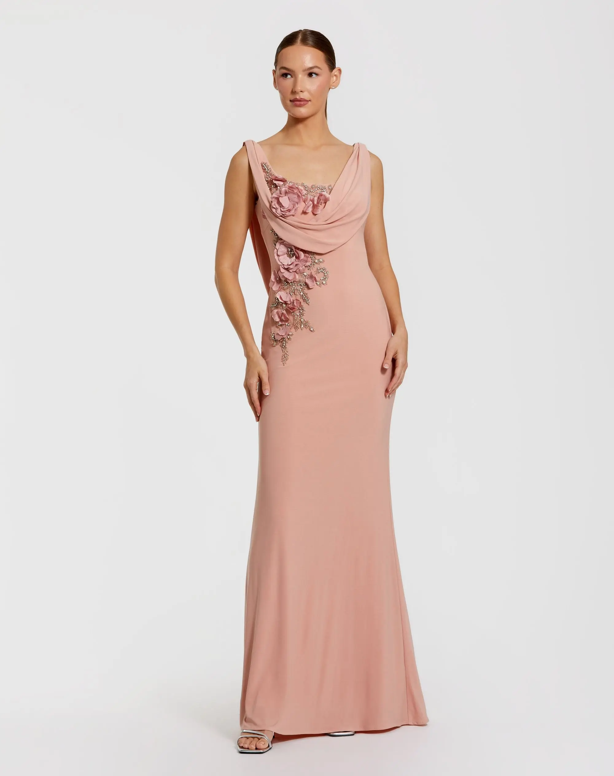 Pink Sleeveless Jersey Cowl Neck Gown With Beading - Special Events Unlimited