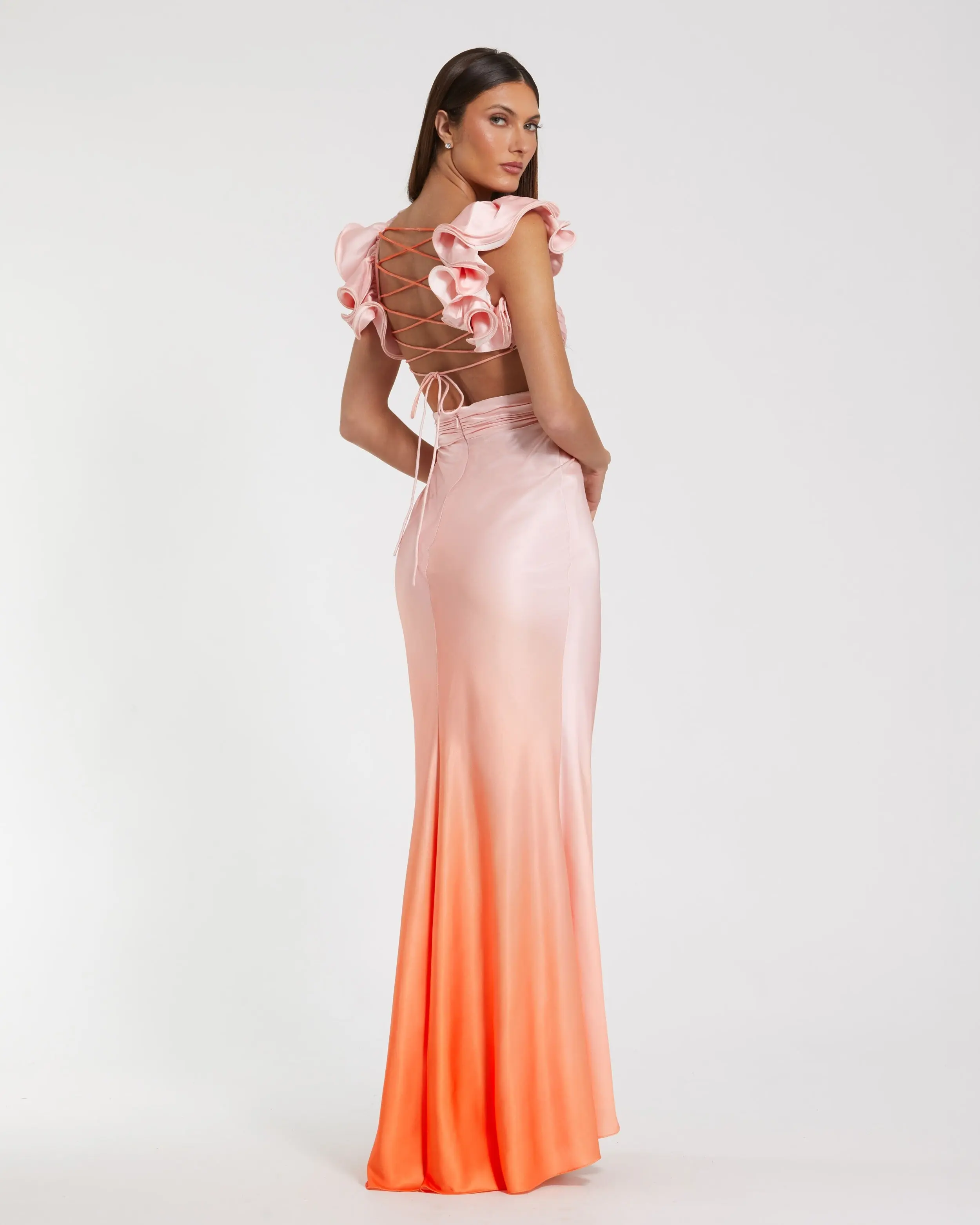 Pink and Orange Charmeuse Ruffle Strap Crossover Ombre Gown - Special Events Unlimited