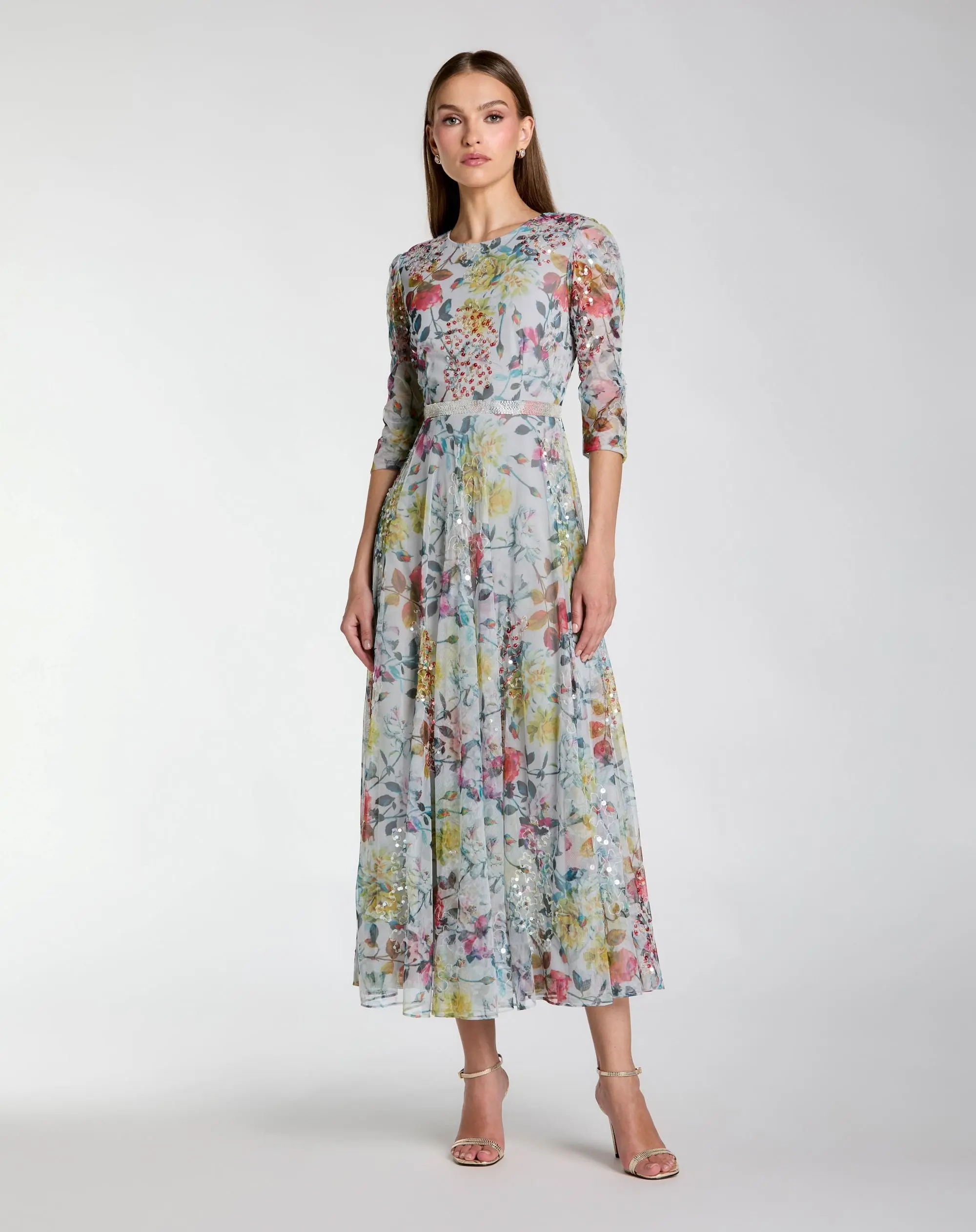 Blue Multicolor Floral Midi Dress With 3/4 Sleeves - Special Events Unlimited