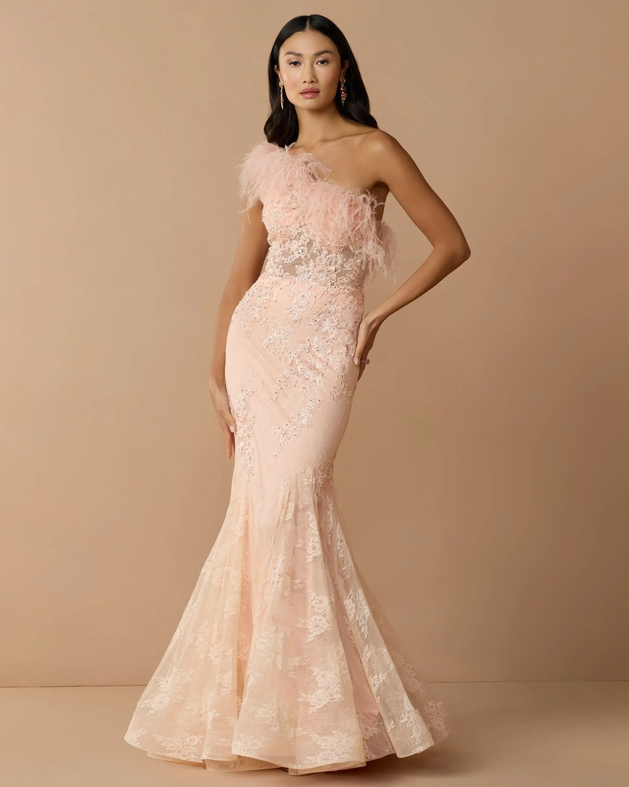 Pink One Shoulder Feather Embellished Mermaid Gown - Special Events Unlimited