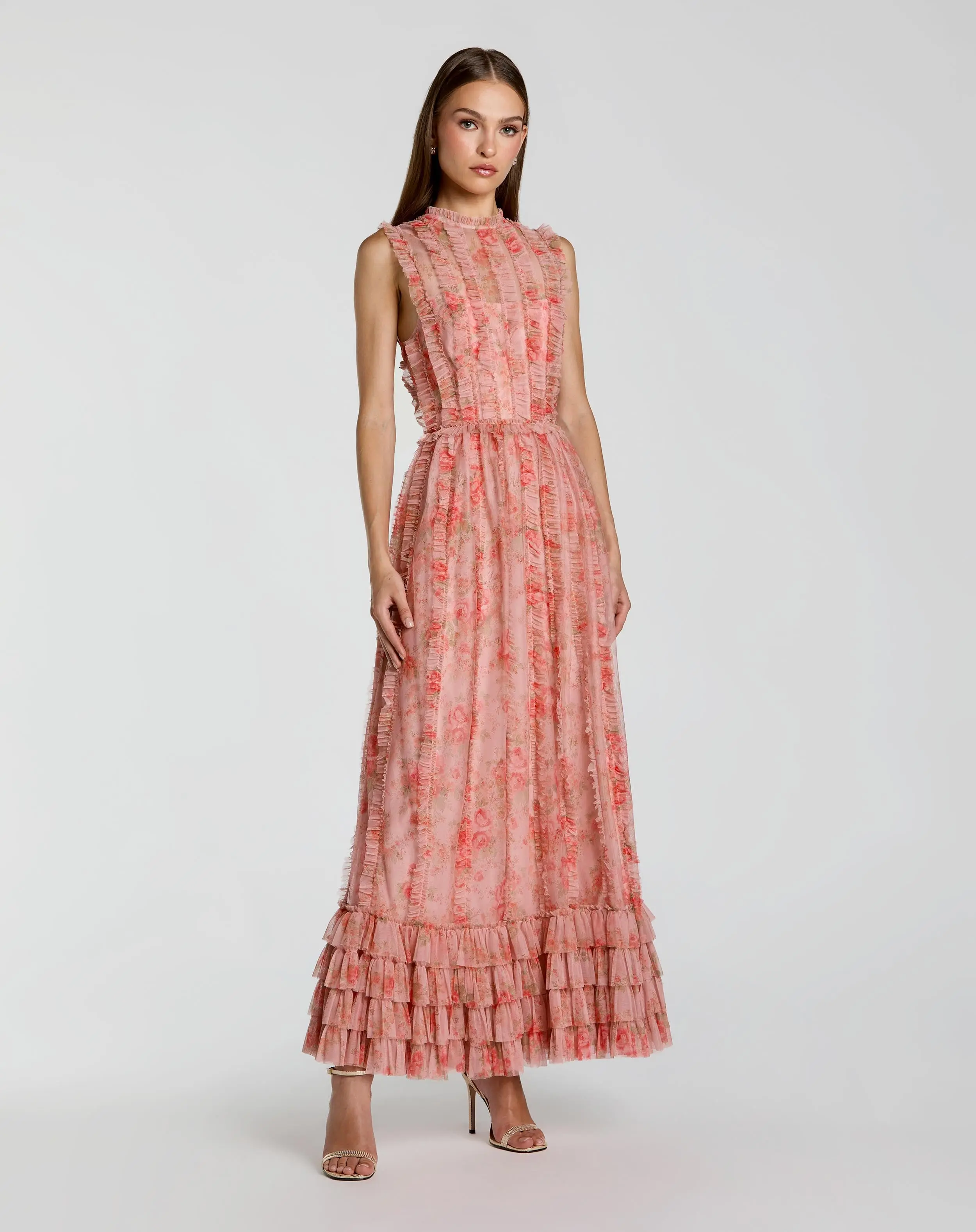 Pink Sleeveless Tiered Ruffle Floral Maxi Dress - Special Events Unlimited