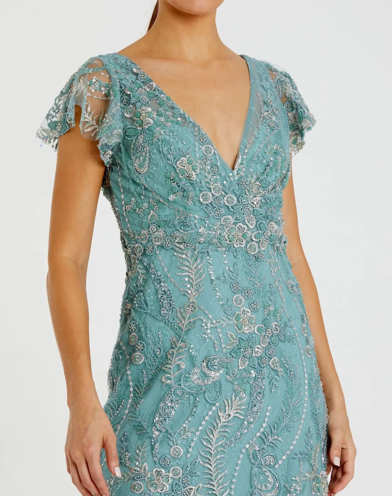 Petite Blue V-Neck Flutter Sleeve Floral Embroidered Gown - Special Events Unlimited