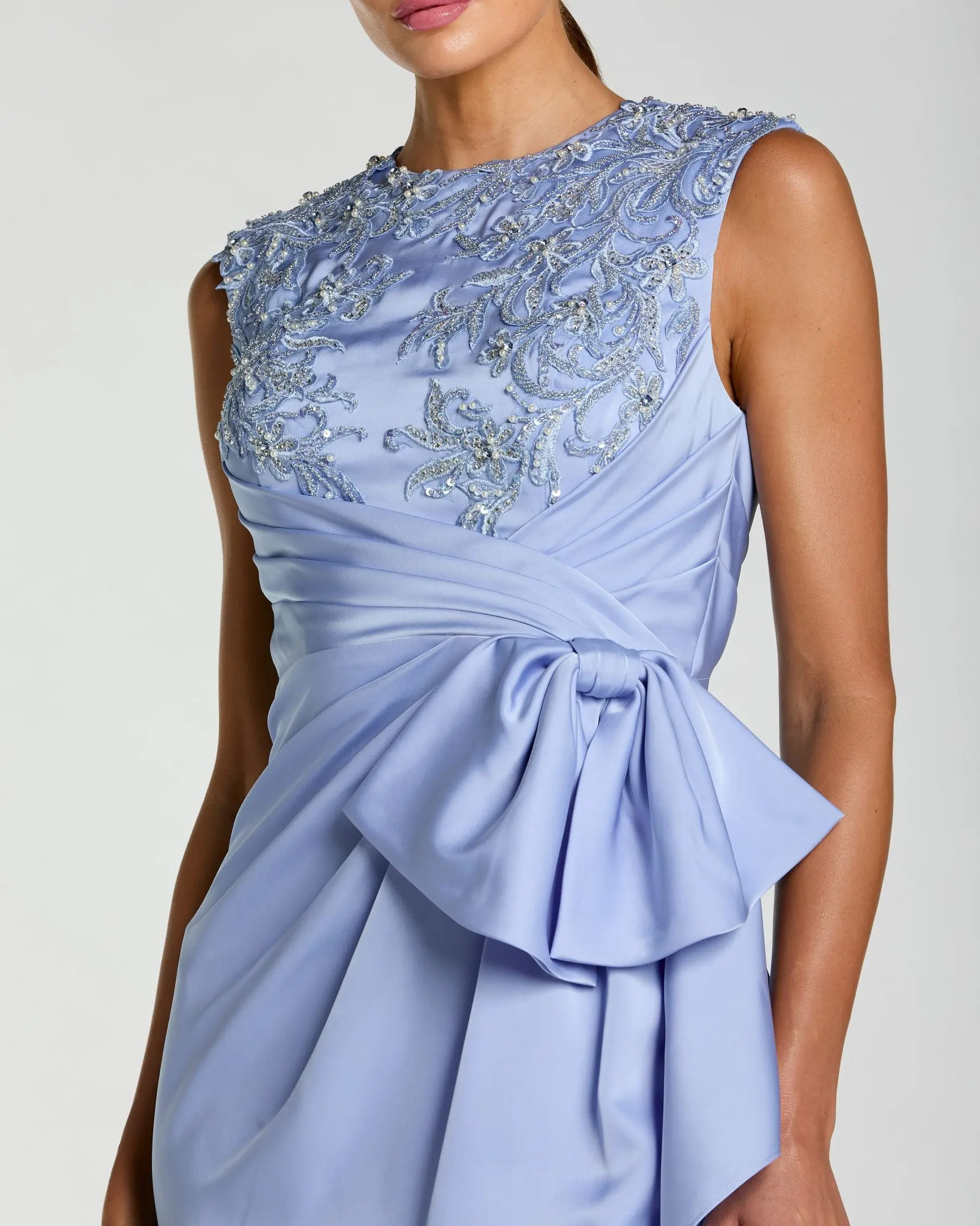 Blue Beaded Satin Midi Dress with Bow - Special Events Unlimited