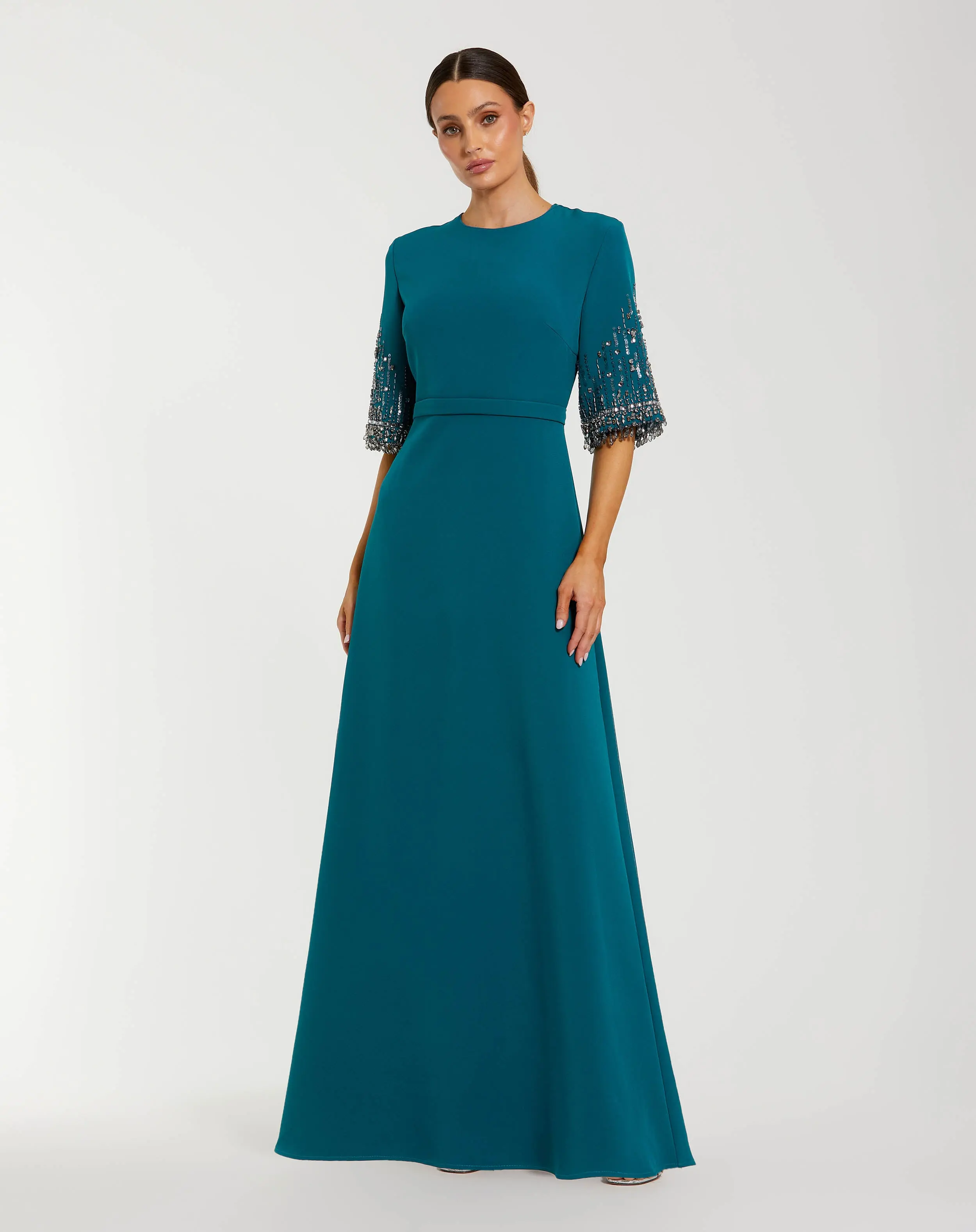 Blue Crepe A Line Gown with Beaded 3/4 Sleeves - Special Events Unlimited