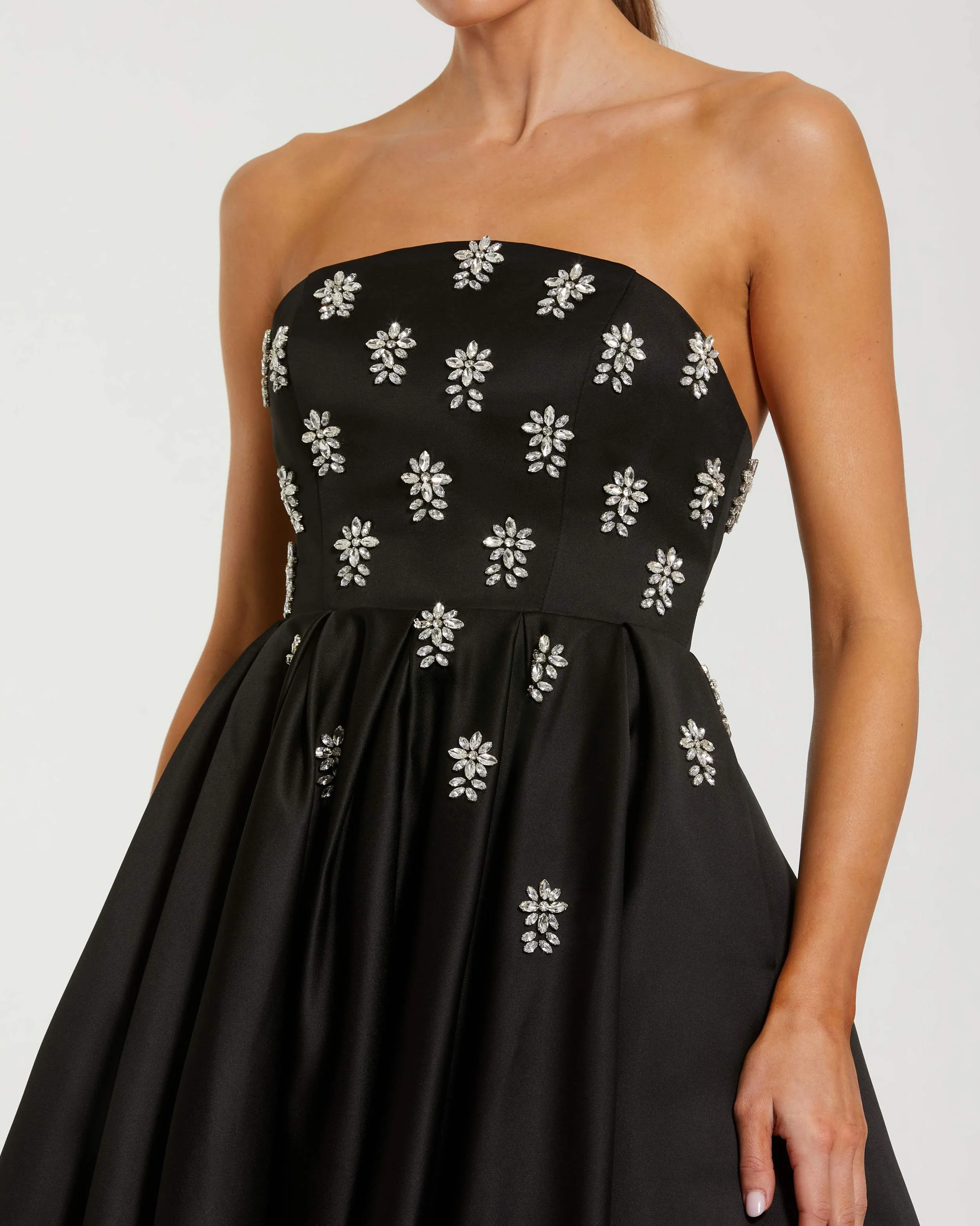 Black Strapless Crystal Embellished Satin A-Line Dress - Special Events Unlimited