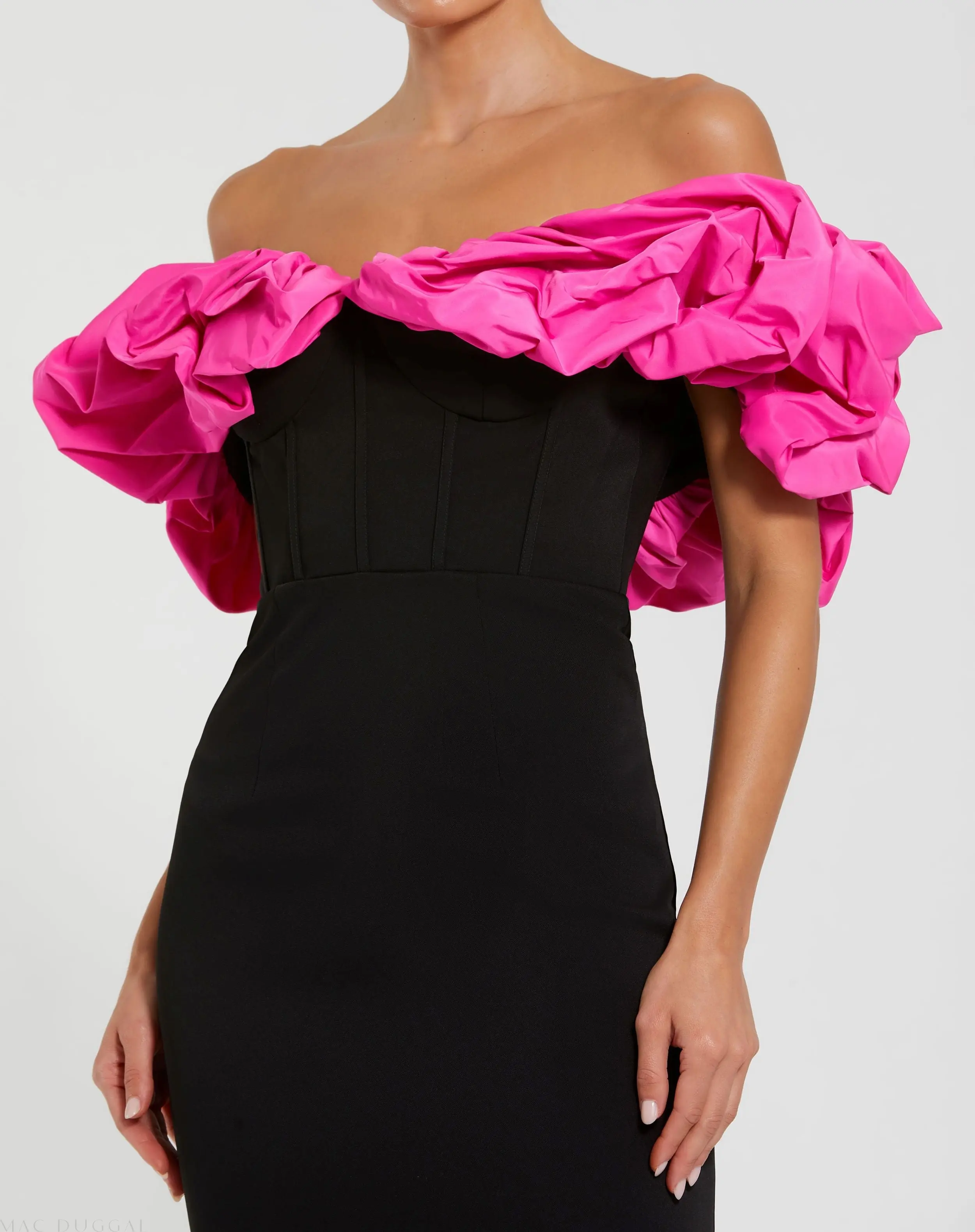 Black Crepe & Faille Off The Shoulder Gown - Special Events Unlimited