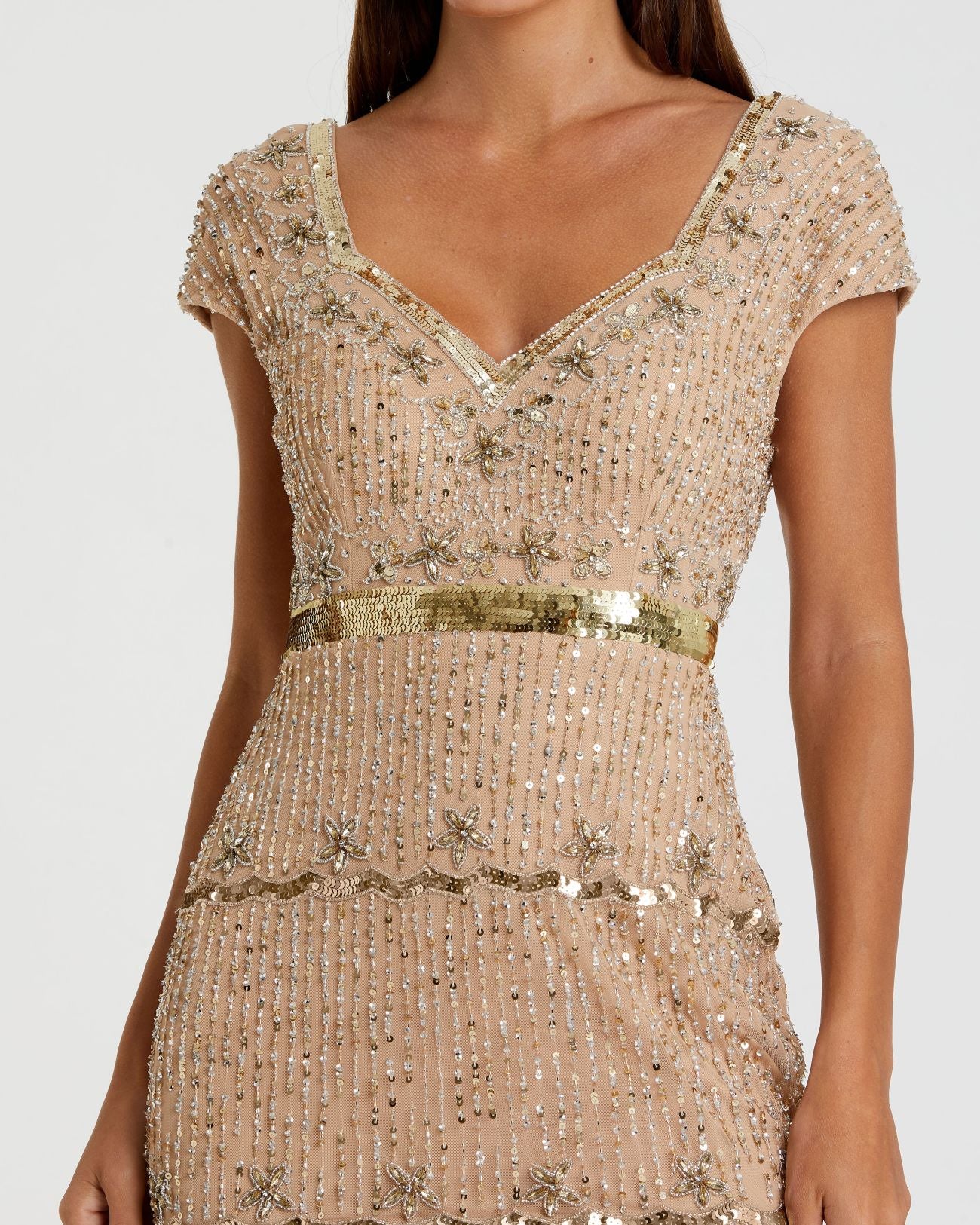 Petite Gold Sequin Cap Sleeve Sweetheart Column Gown - Special Events Unlimited