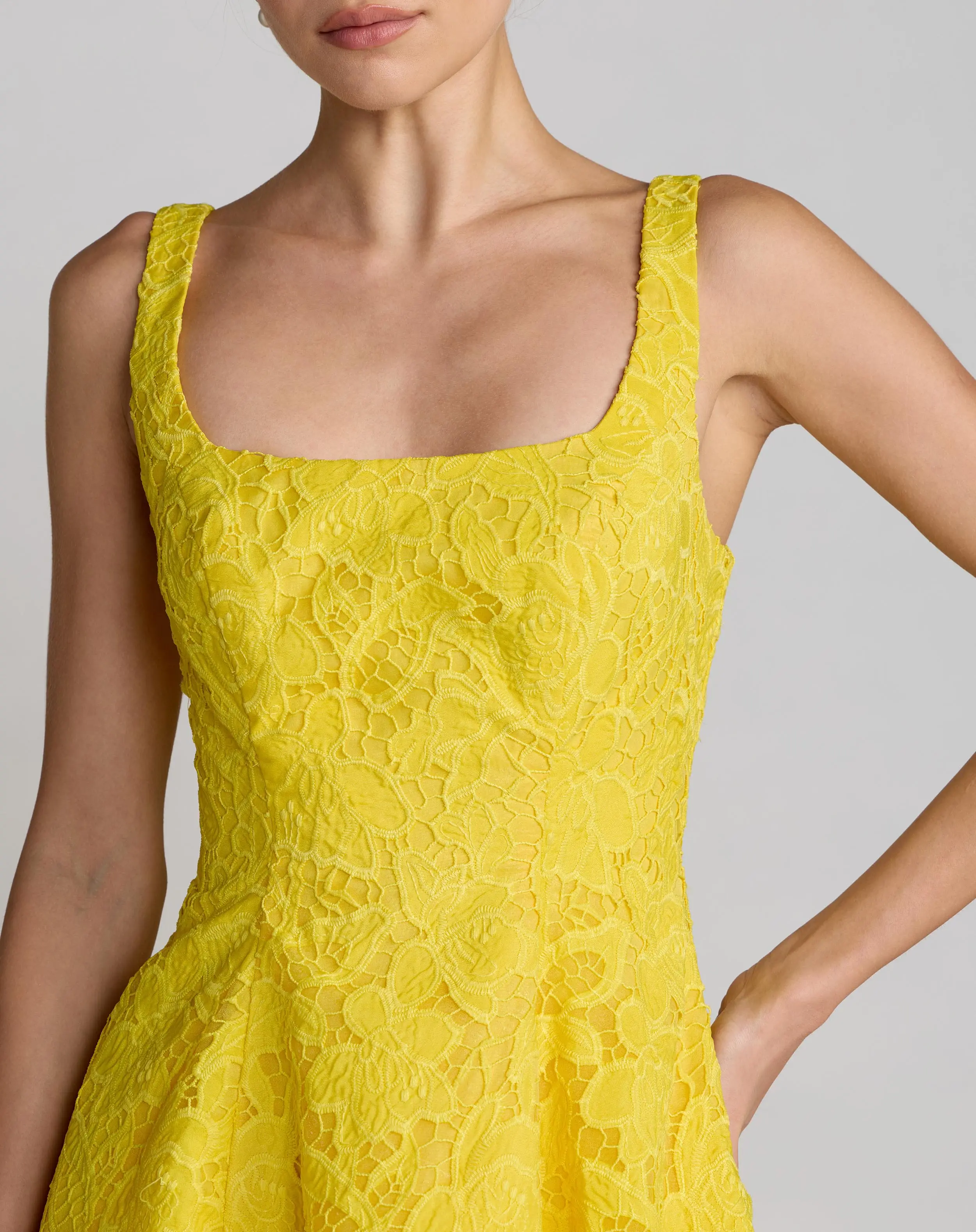 Yellow Lace Square Neck A-Line Midi Dress - Special Events Unlimited