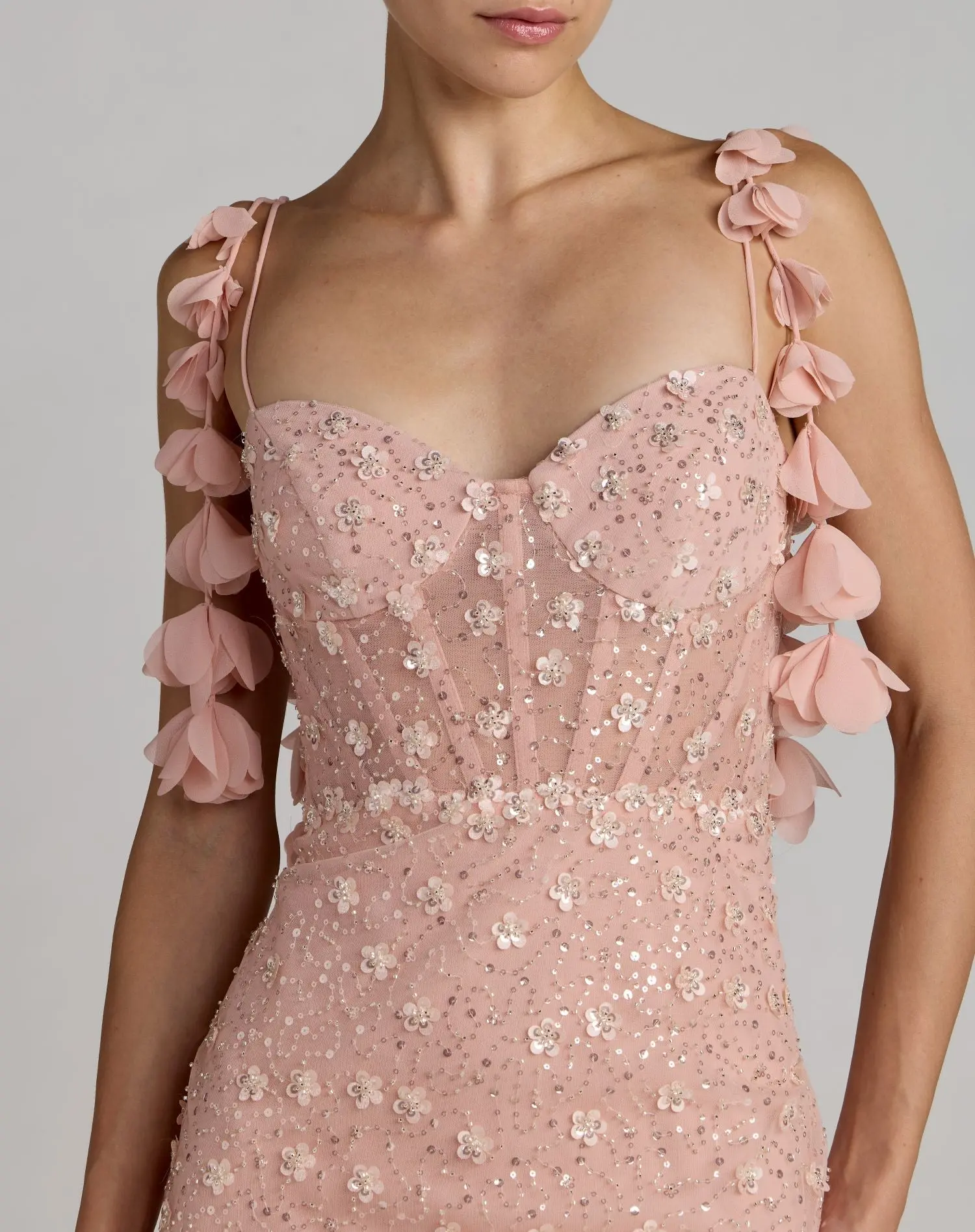 Pink Sweetheart Neck Embellished Gown With Floral Detail - Special Events Unlimited
