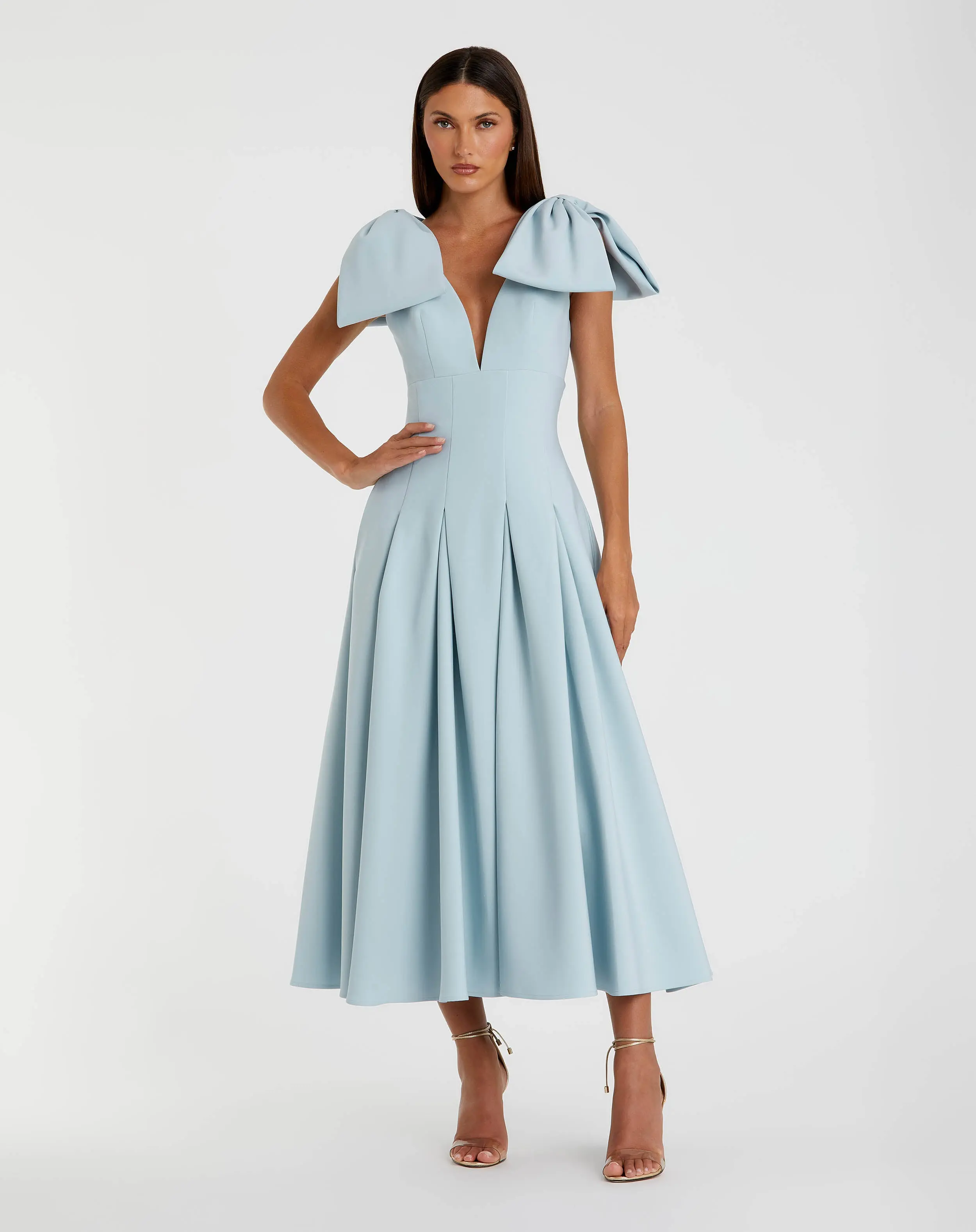 Blue Crepe A Line Midi Dress With Bow Straps - Special Events Unlimited