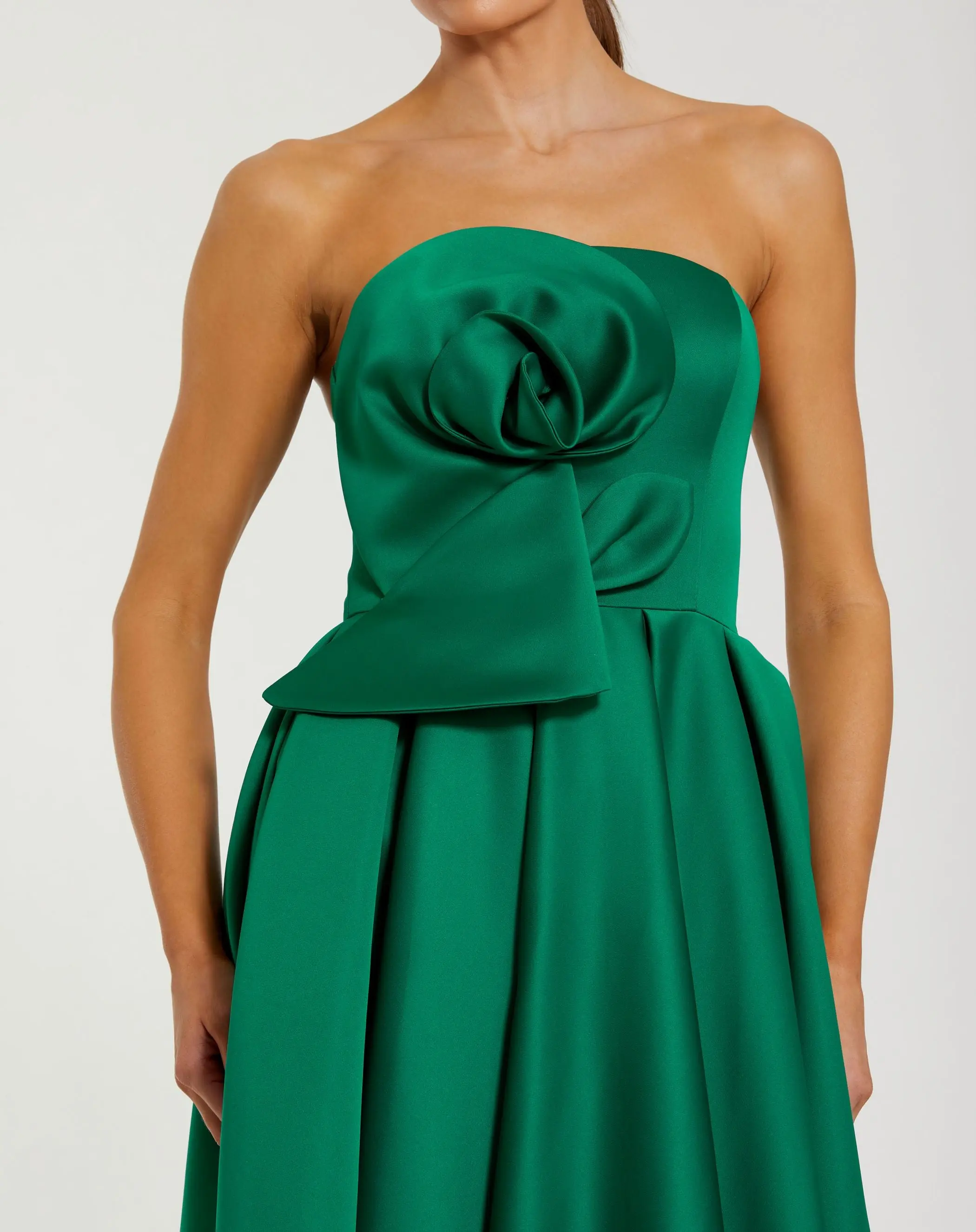 Green Strapless Satin A Line Midi Dress With 3D Flower - Special Events Unlimited