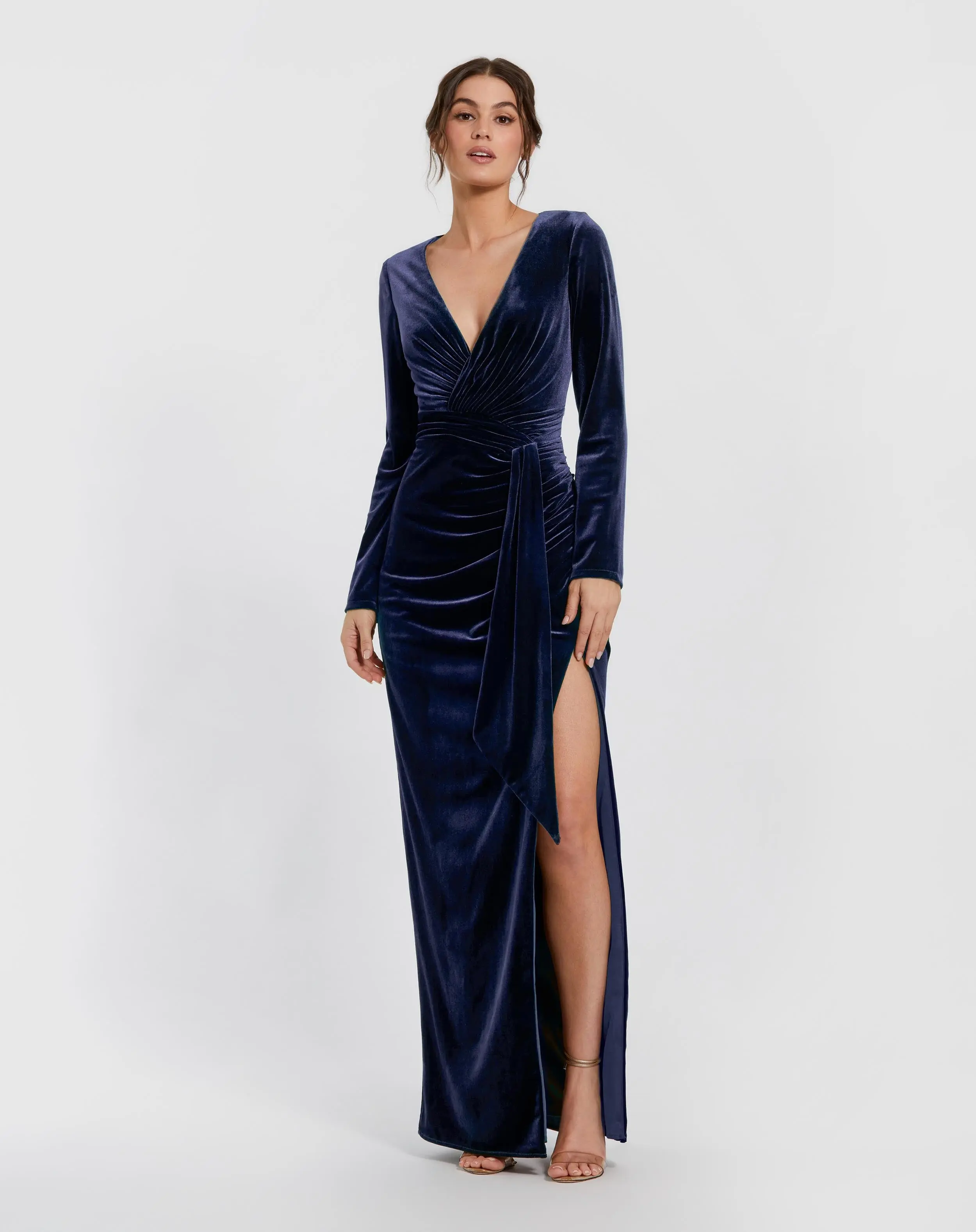 Dark Blue Ruched Velvet Column Evening Gown - Special Events Unlimited