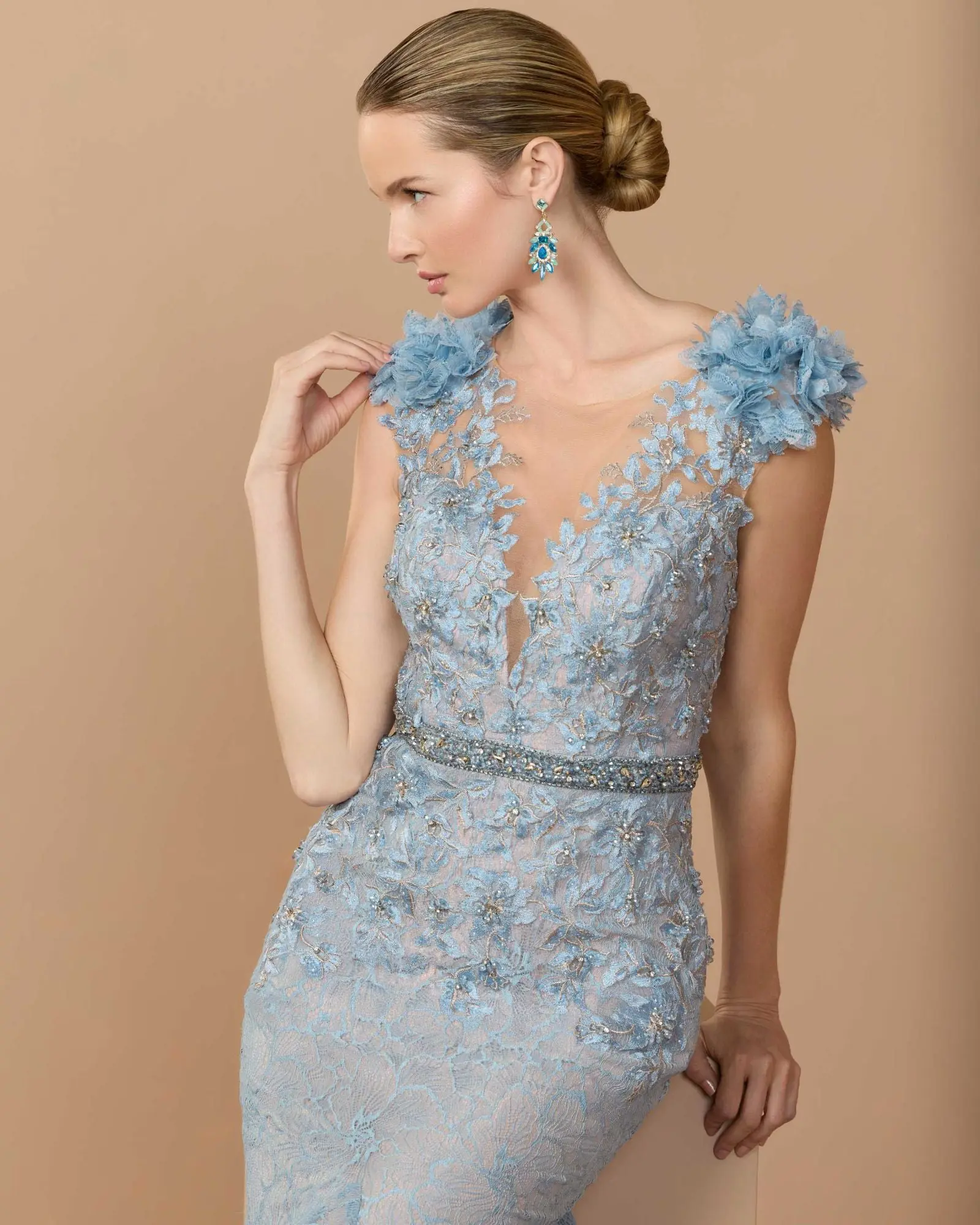 Blue Embellished Lace Illusion Neck Gown With 3D Flowers - Special Events Unlimited