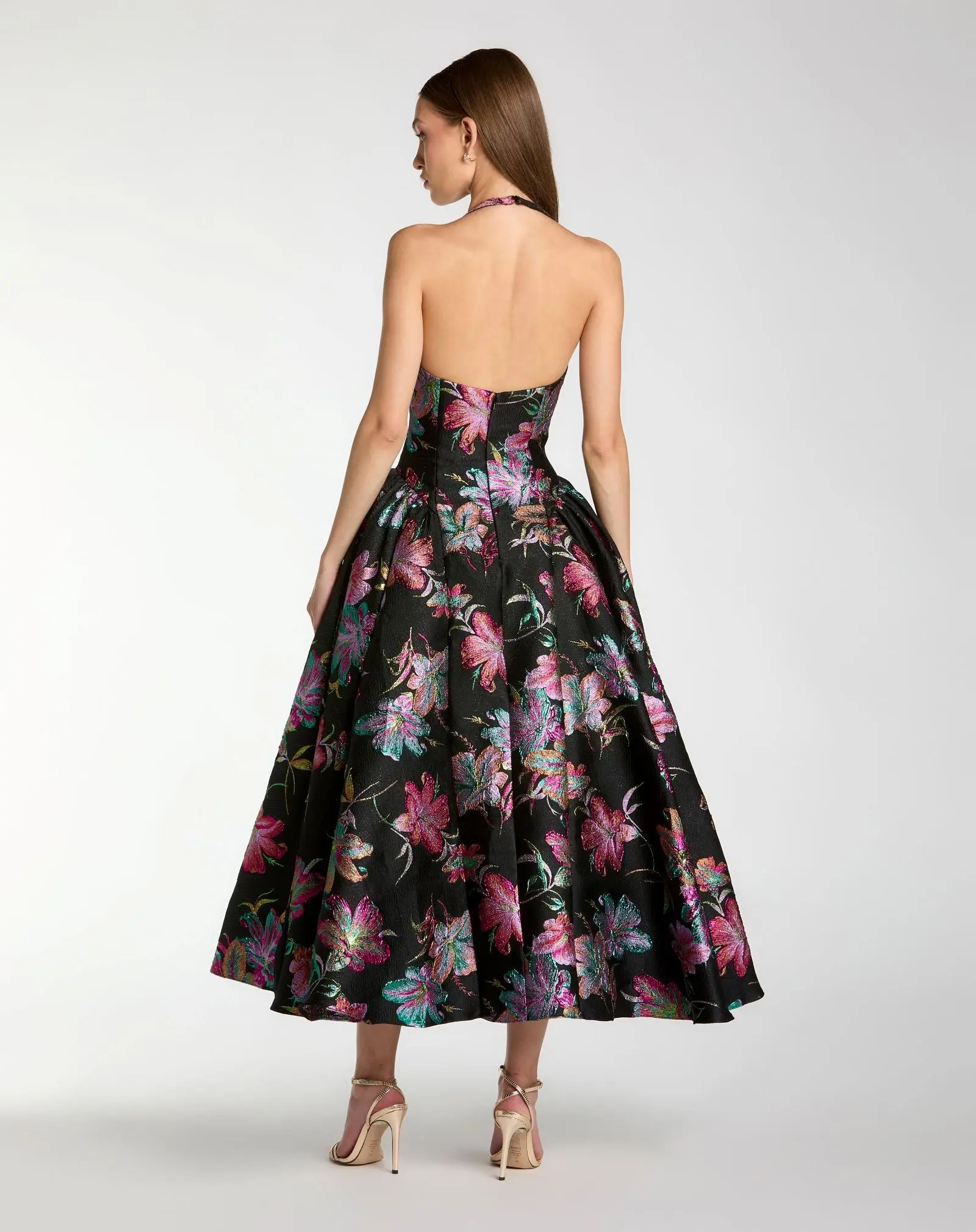 Black Brocade Halter Neck Open Back Midi Dress - Special Events Unlimited