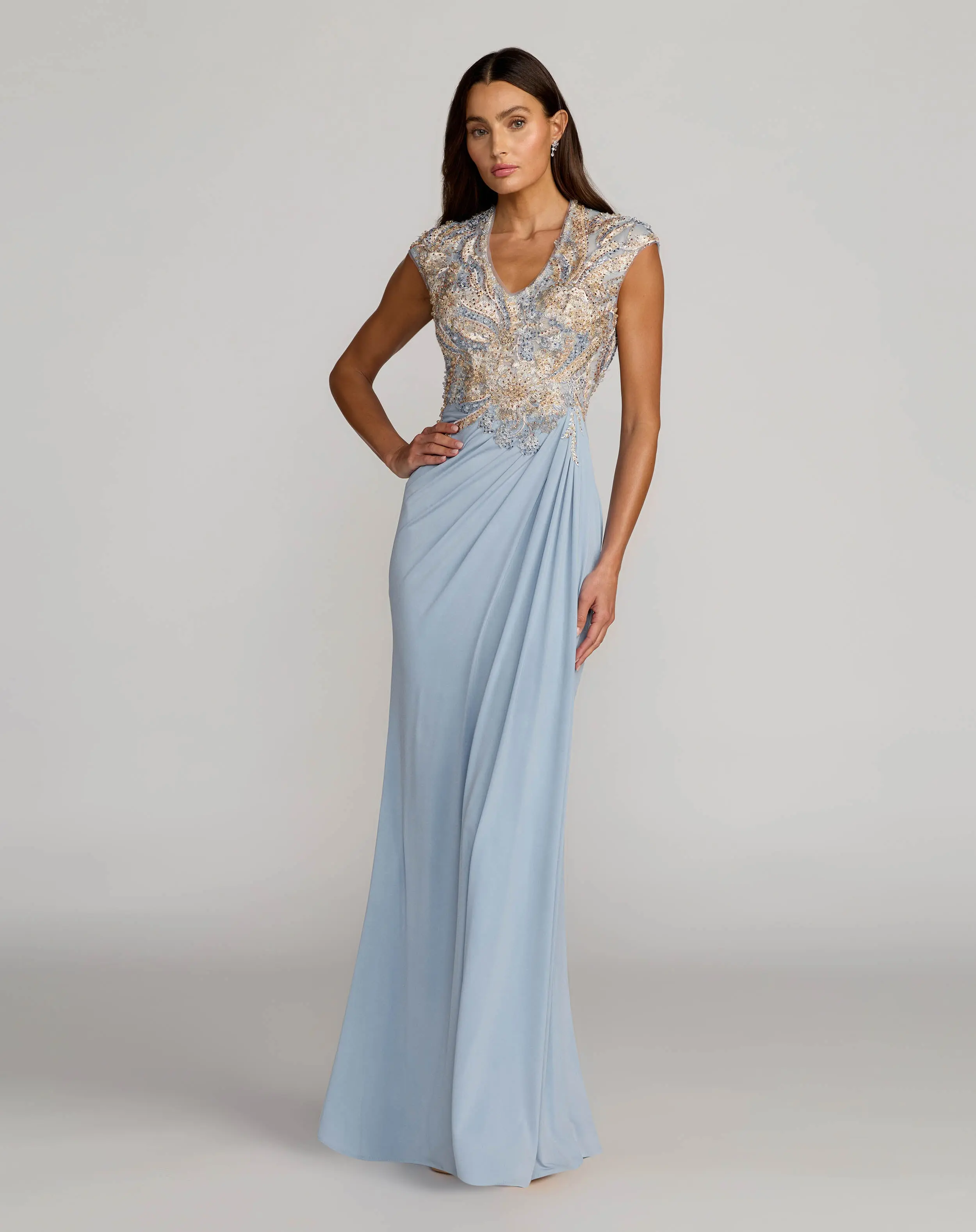 Blue Embroidered V Neck Jersey Draped Gown - Special Events Unlimited