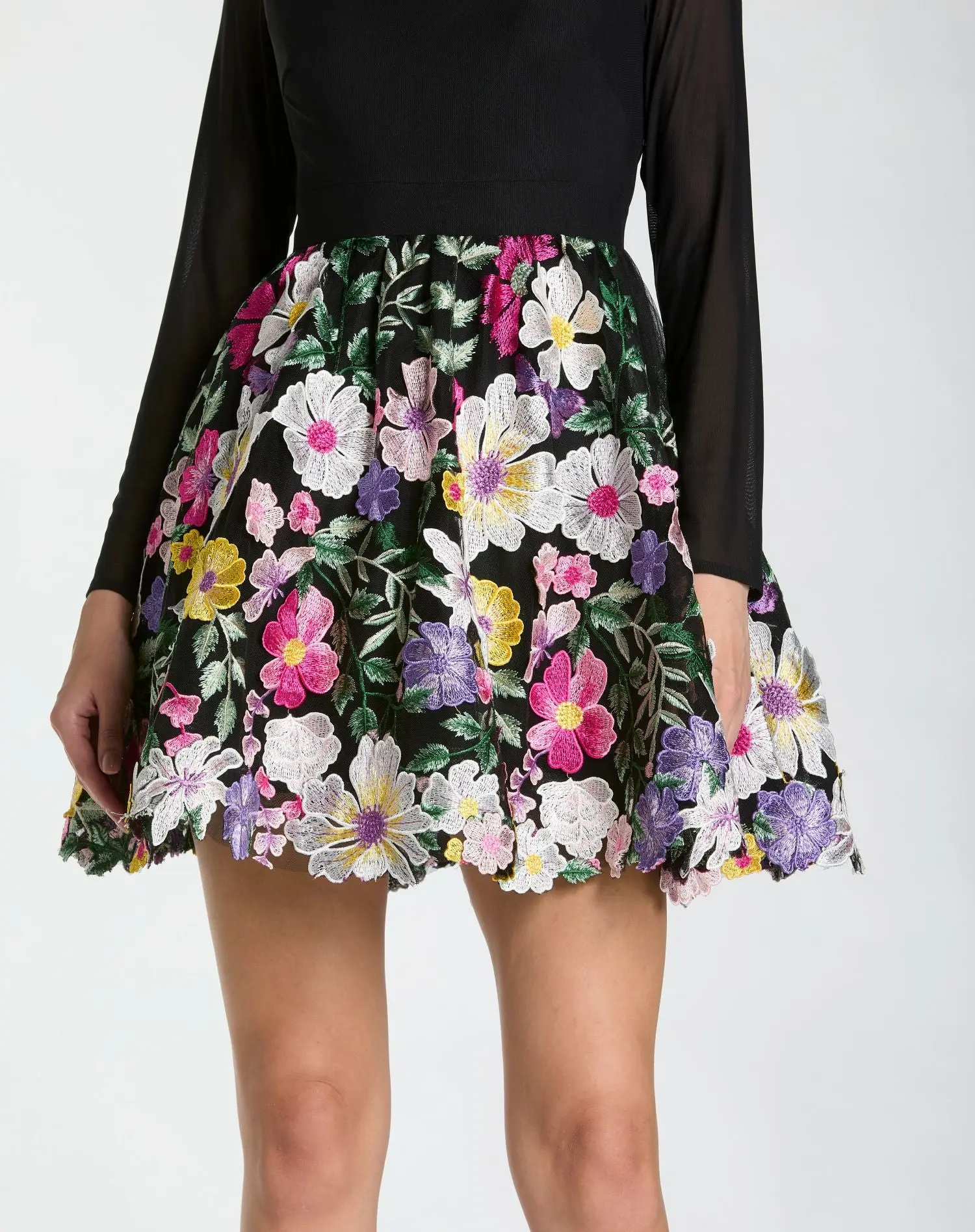 Black Long Sleeve Mini Dress With Floral Embroidery - Special Events Unlimited