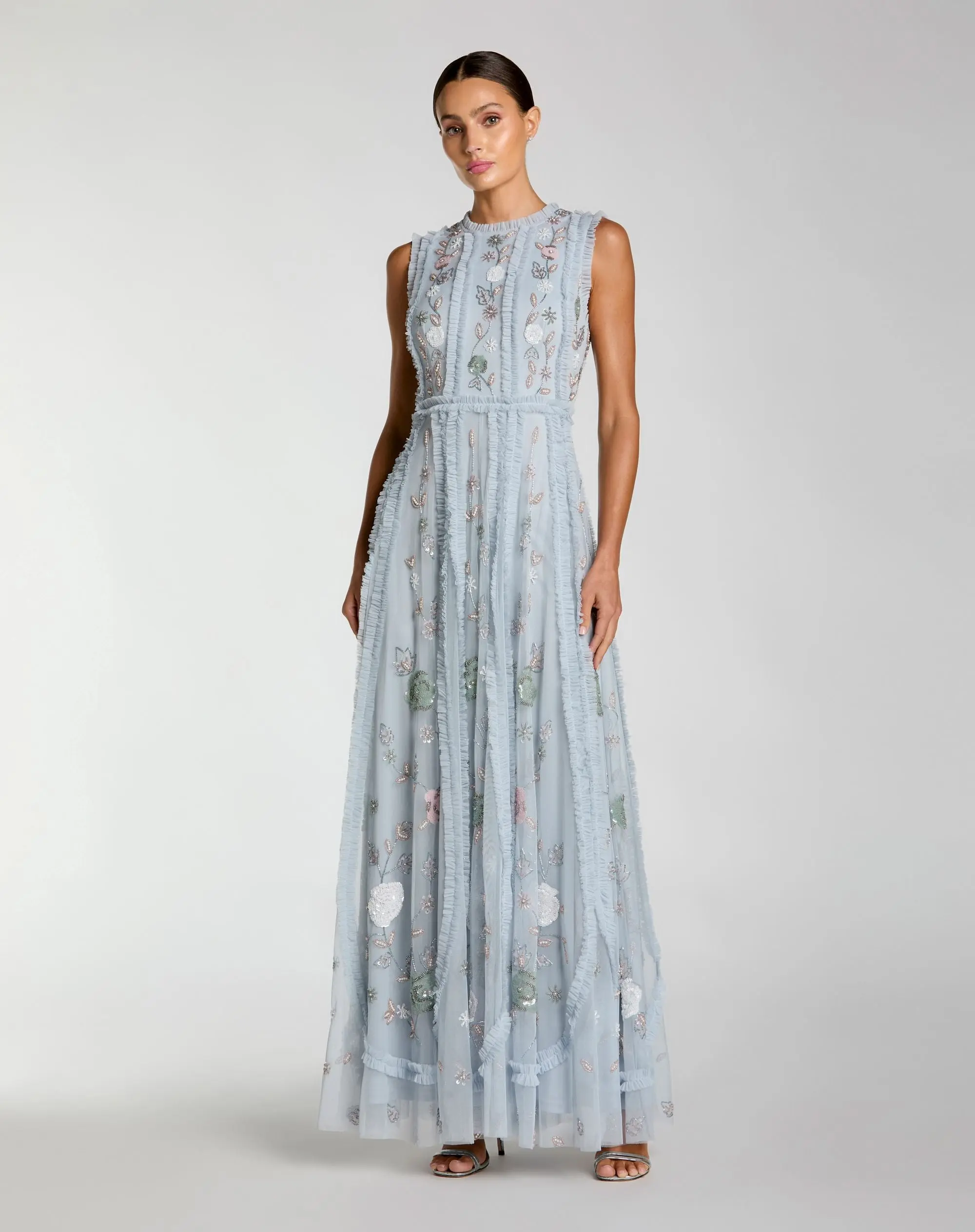 Blue Floral Mesh Sleeveless A Line Micro Ruffle Gown - Special Events Unlimited