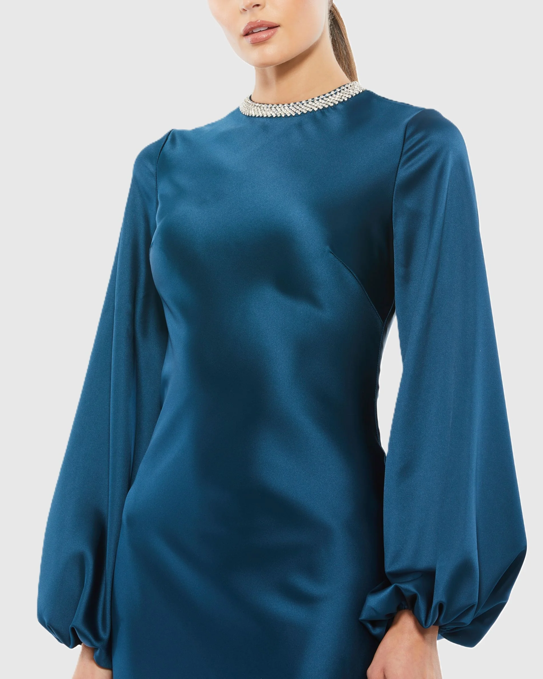 Petite Blue Beaded High Neck Bishop Sleeve Satin Gown - Special Events Unlimited