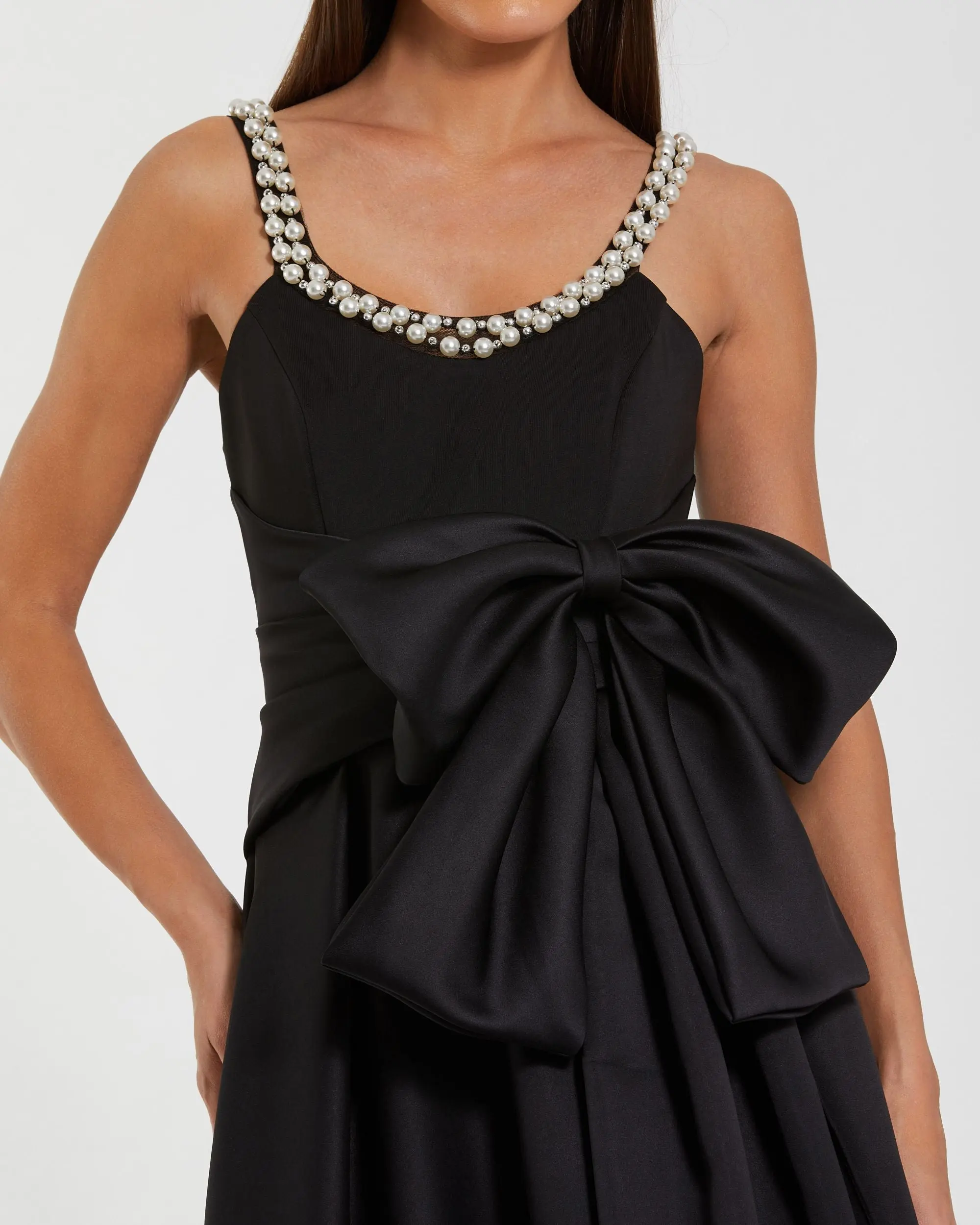 Black Satin Gown With Pearl Neckline and Bow Detail - Special Events Unlimited
