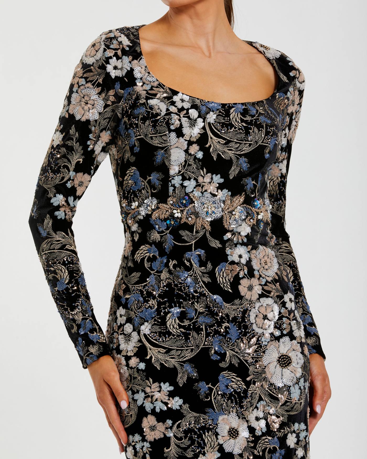 Black Floral Embroidered Velvet Evening Gown - Special Events Unlimited